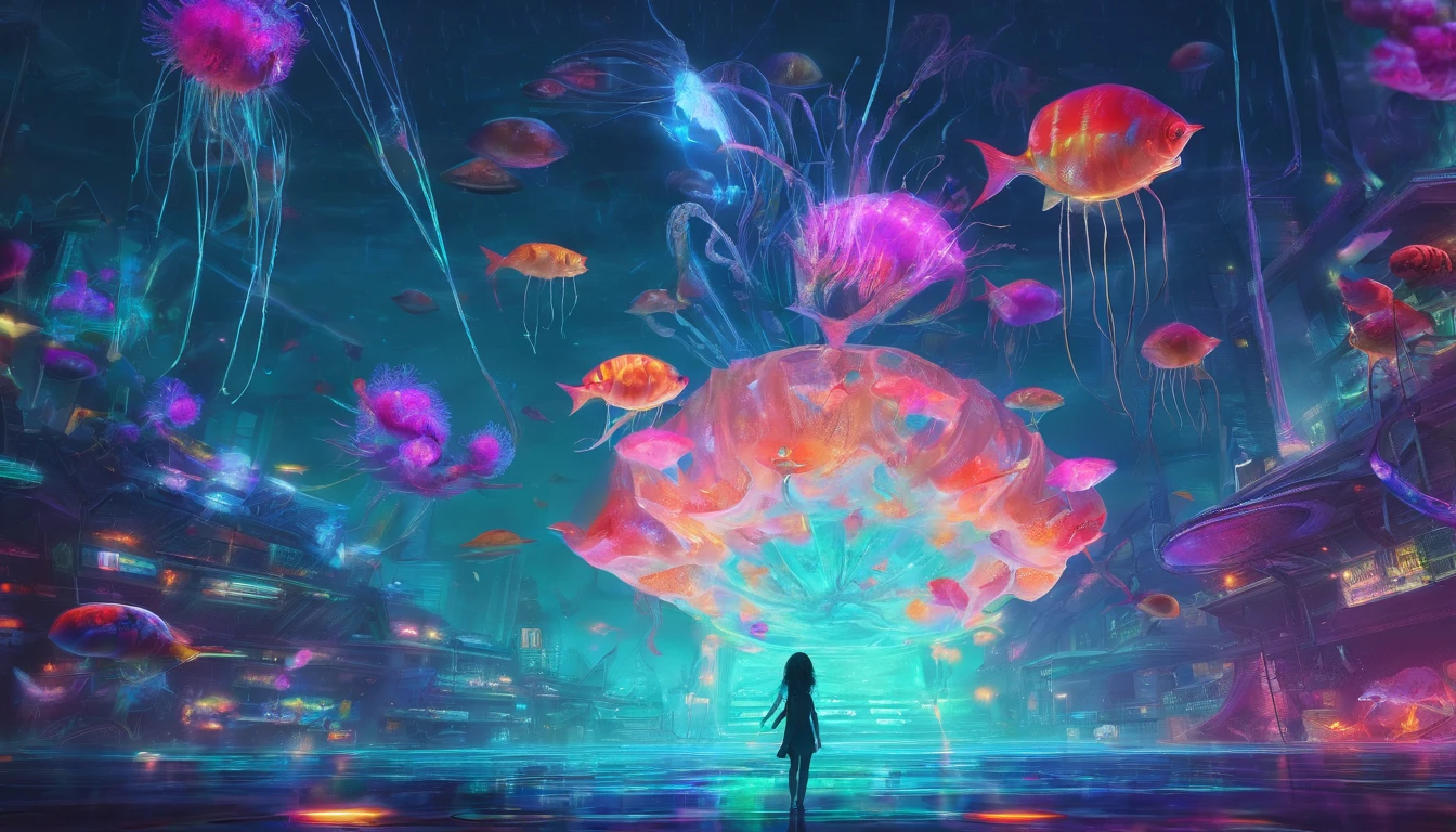 ocean floor,Under the water ,magical girl,facing at camera,Hair flows in water,A hand is stretched forward,Magic wand in hand,Full body like,There is a magic array in the background,Full of fantastic marine elements,Floating long-tailed jellyfish,sea shell,coral, Algae and improved marine life in an atmosphere,