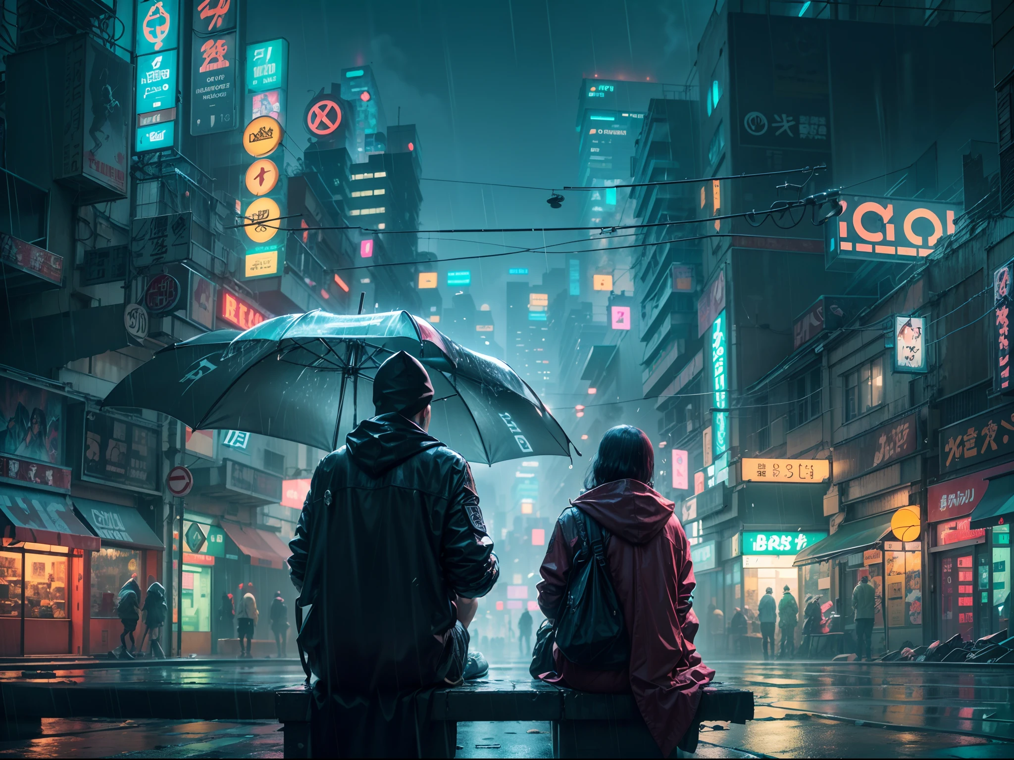 (best quality,highres),cyberpunk Tokyo,view from behind,far and wide shot,couple sitting on the bench,looking at the rainy night,cybernetic cityscape,illuminated by neon lights,hovering drones in the sky,reflective wet surfaces,tall futuristic buildings,pouring rain,faint sounds of traffic,sparks from electrical wires,steam rising from the streets,street signs flickering,glowing holographic advertisements,dark and mysterious atmosphere,smoke-filled alleyways,masked figures passing by,umbrellas and raincoats,blurry reflections,moody and cinematic ambiance,metropolis in the rain,industrial and futuristic vibes,streets shrouded with fog in the distance