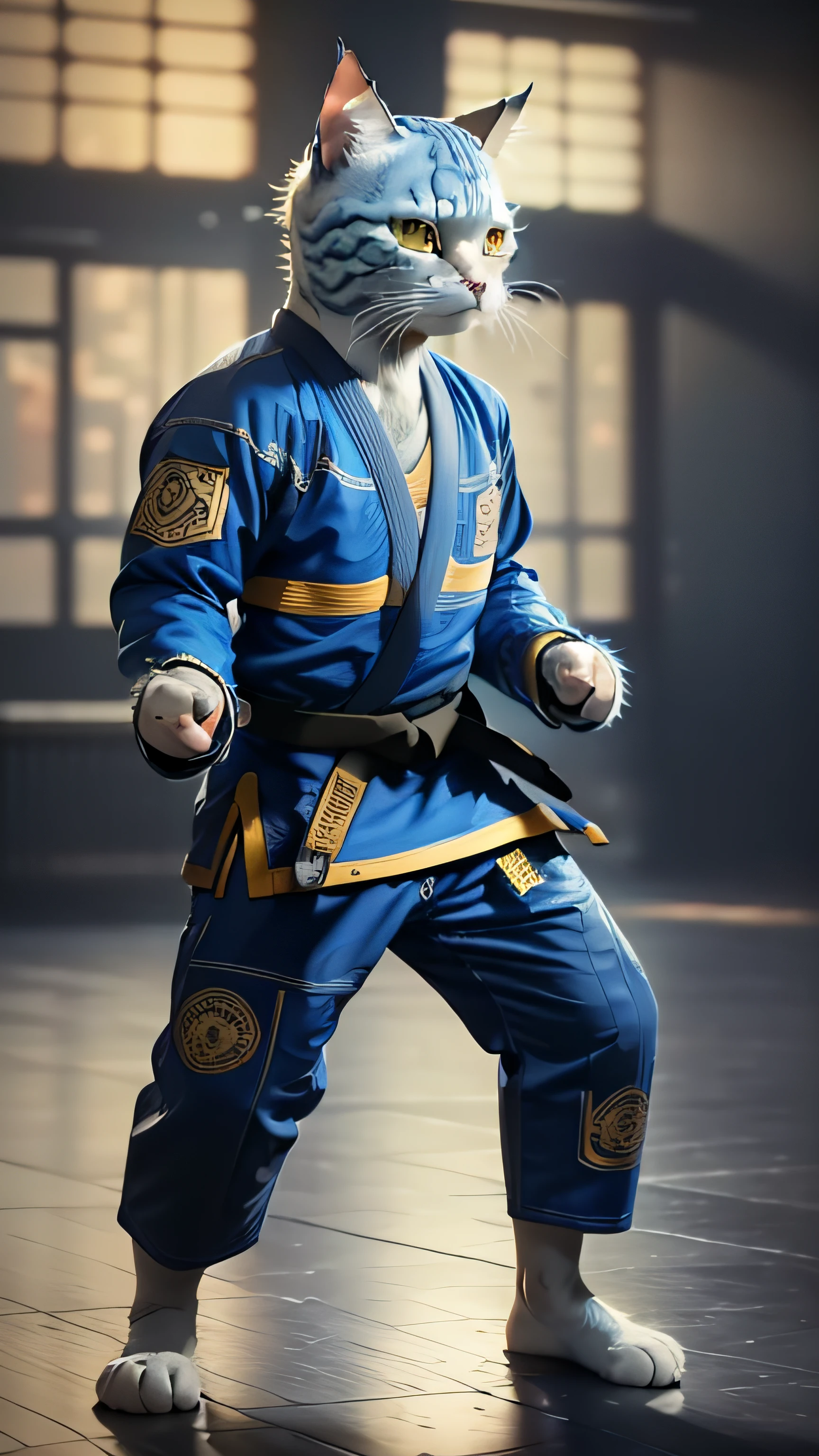 full body, c4ttitude, wearing blue Jiu Jitsu Gi, focused energy, random Jiu jitsu pose, (intricate detail), hdr, (intricate detail, super fine: 1.2), cinema shot, centered, martial mat, Dojo, black belt, long sleeves to the wrist, ankle-length pants