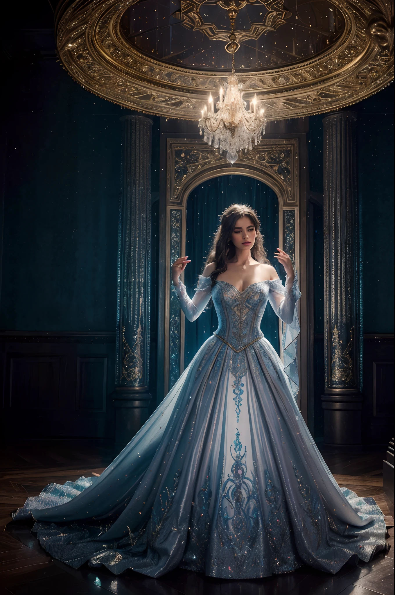 (best quality,4k,8k,highres,masterpiece:1.2), ultra-detailed, (realistic,photorealistic,photo-realistic:1.37), Cinderella's magical transformation from rags to a beautiful gown, vibrant colors, enchanting lighting, mesmerizing visual effects, intricate stitching details, exquisite beadwork, shimmering fabric, flowing skirt, elegant silhouette, stunning ballroom setting, magical aura, graceful movements, breathtaking elegance, fairy godmother's wand, sparkles and glitter, ethereal atmosphere, dreamlike ambiance, cinematic flair