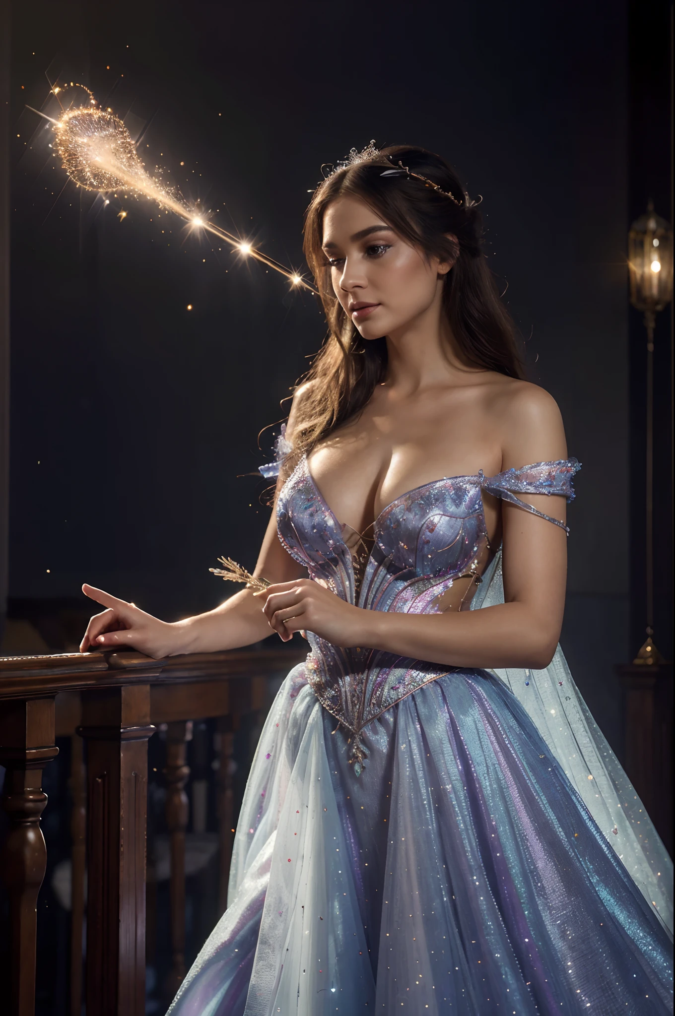 (best quality,4k,8k,highres,masterpiece:1.2), ultra-detailed, (realistic,photorealistic,photo-realistic:1.37), Cinderella's magical transformation from rags to a beautiful gown, vibrant colors, enchanting lighting, mesmerizing visual effects, intricate stitching details, exquisite beadwork, shimmering fabric, flowing skirt, elegant silhouette, stunning ballroom setting, magical aura, graceful movements, breathtaking elegance, fairy godmother's wand, sparkles and glitter, ethereal atmosphere, dreamlike ambiance, cinematic flair