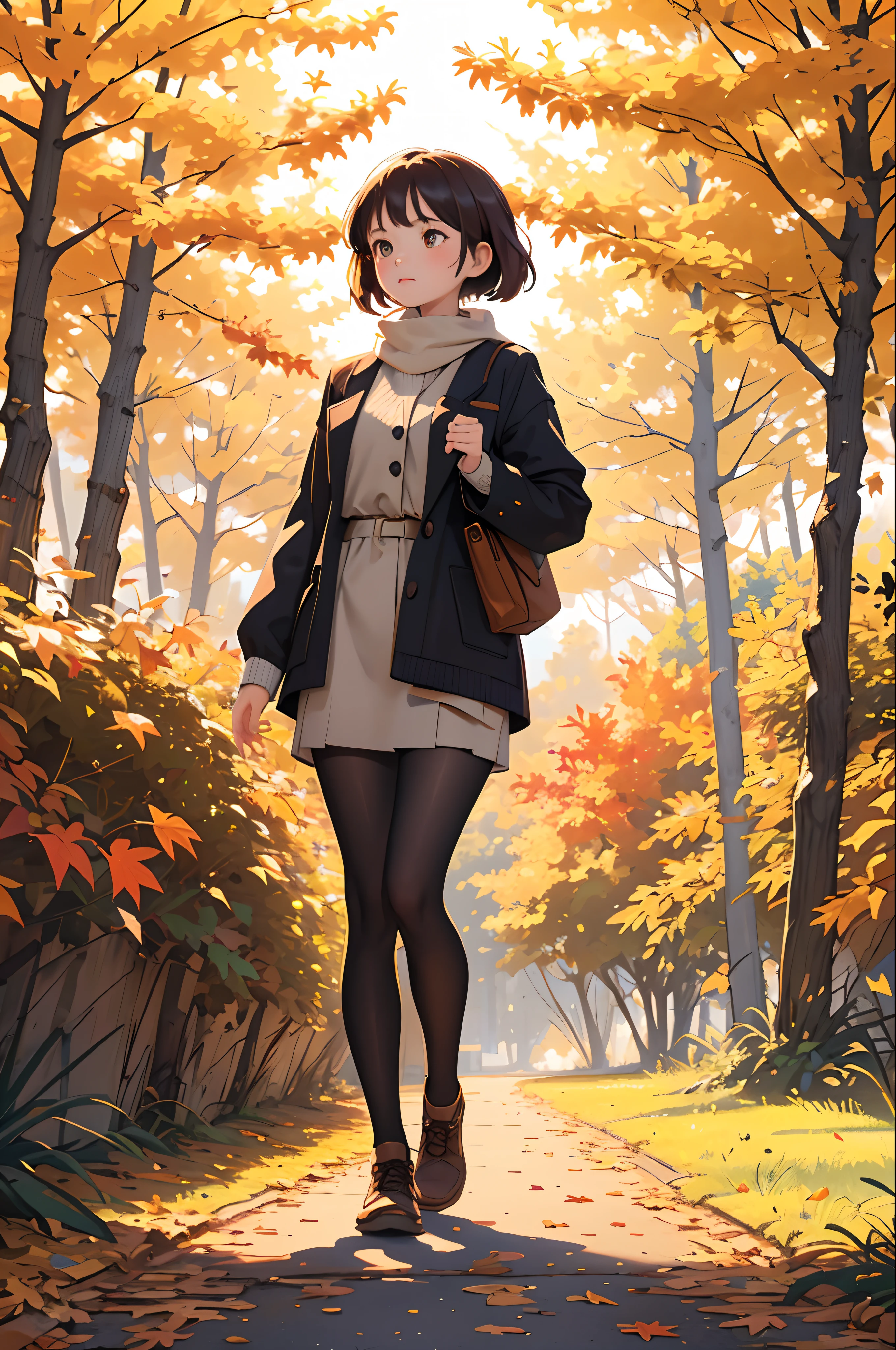 (masterpiece, best quality), 1girl, Cozy Autumn themed Walk, nature walk, Autumn day, flora, beautiful lighting, Autumn colors, Autumn elements, <lora:add_detail:0.8>