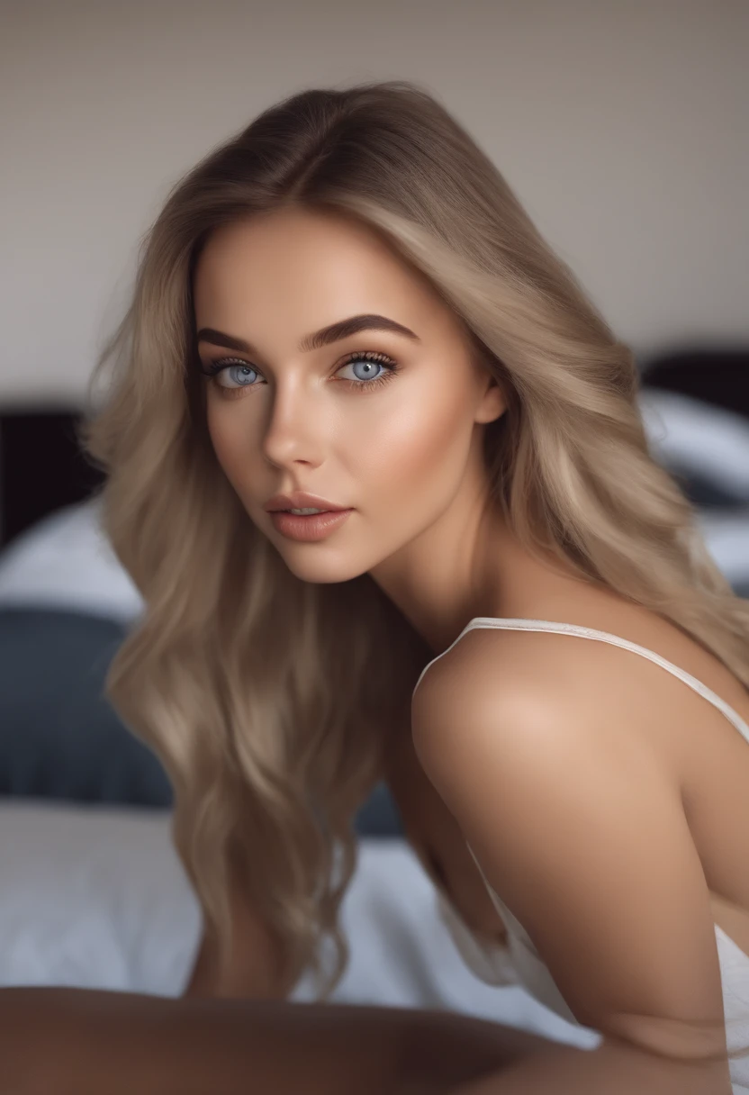arafed woman fully , sexy girl with blue eyes, ultra realistic, meticulously detailed, portrait sophie mudd, blonde hair and large eyes, selfie of a young woman, bedroom eyes, violet myers, without makeup, natural makeup, looking directly at the camera, face with artgram, subtle makeup, stunning full body shot kneeling on bed, in bedroom, medium to large size bust