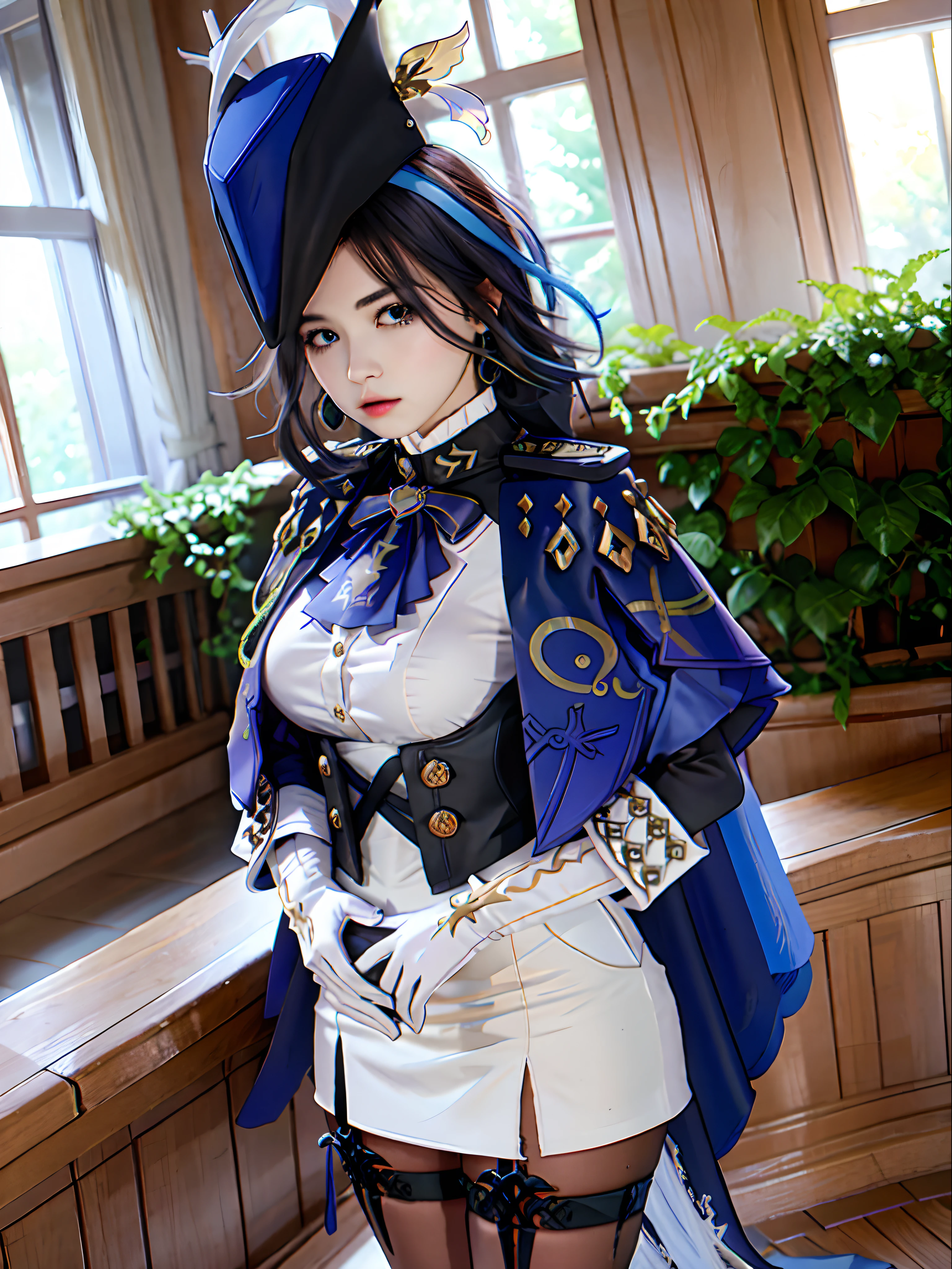8K分辨率、Raw photo、1girl in, Klonde \(GenshinImpact\), tricorne, pantyhose, earrings, blue cape, White Gloves, pencil skirts, White shirt, Thigh strap, Underbust, ascot, Jacket, depth of fields, Standing, Cowboy Shot, Glaring, put hands on the hip, Looking at Viewer, chies, Indoors