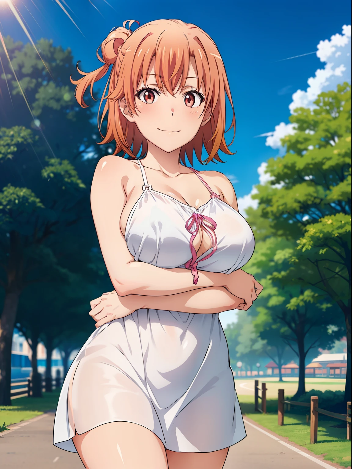 ((masutepiece, Best Quality, hight resolution, nffsw, Perfect Pixel, depth of fields, 4K, )), 1girl in, Solo, Lori, Beautiful anime girl, Beautiful Art Style, 
close up, Looking at Viewer, 
Perfect body,  

Yuigahama Yui,  Short hair, Orange hair, (large boob), 

Full face blush, Smile,  
thighs thighs thighs thighs, 
White Dress,  
Summer, Sunshine, 
Leading Ahead, hugging, Cowboy Shot, Focus,