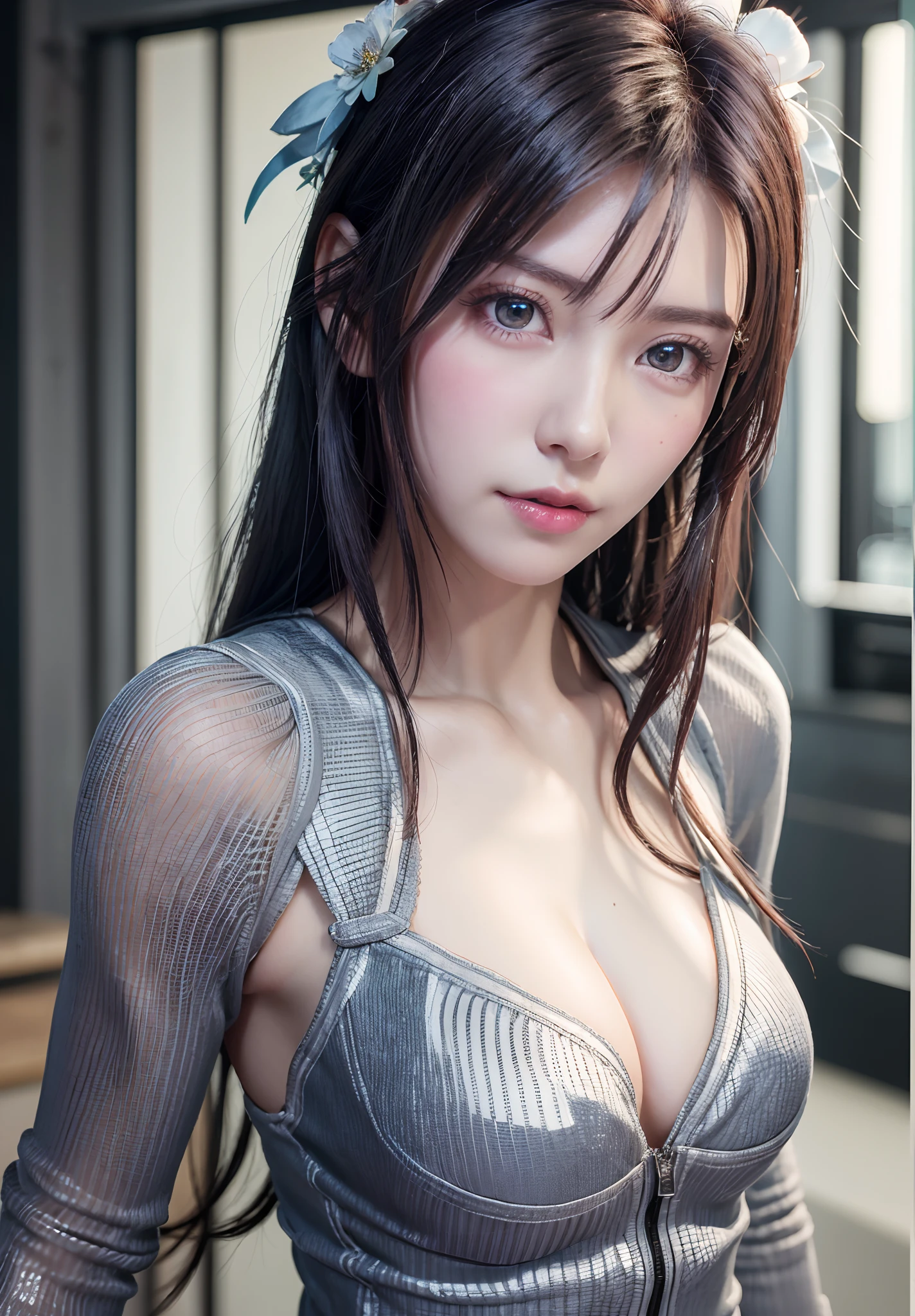 top-quality、8K Masterpiece、超A high resolution、(Photorealsitic:1.3)、Raw photo、女の子1人、silver white hair、glowy skin、1 Cyberpunk Super Beautiful Soldier、((super realistic details))、portlate、globalillumination、Shadow、octan render、8K、ultrasharp、beauty breast、Raw skin is exposed in cleavage、metals、cold color、、highly intricate detail、Realistic light、CGSoation Trends、Beautiful eyes、radiant eyes、Facing the camera、neon details、