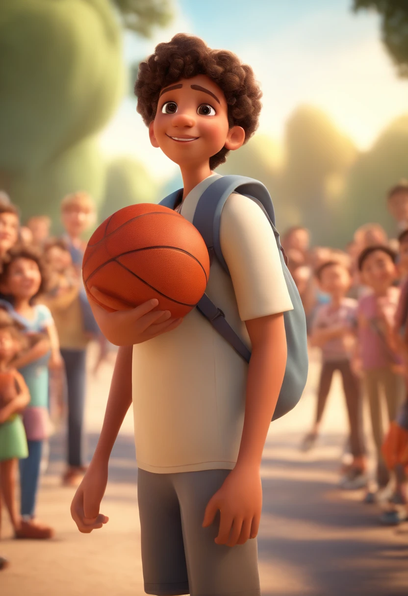 Cartoon boy with backpack and basketball in front of a crowd, 3D animated film, animation film, pixar 3 d animation style, pixar renderman rendering, Maia 8 mil, animated film, Disney Pixar Estilo 3D, brincando com um sorriso no rosto e correndo em uma quadra, In another photo, the same boy hugs a teacher