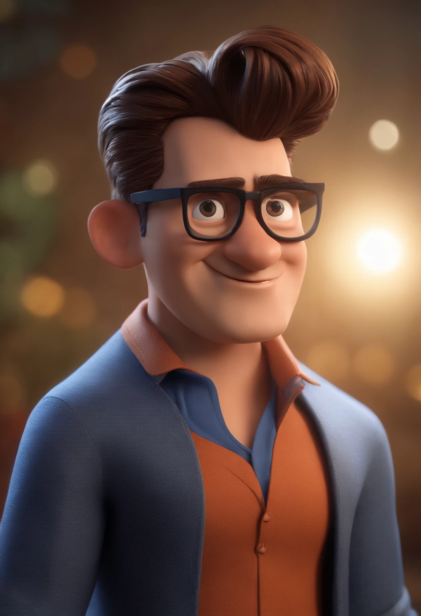 Cartoon character of a man with black glasses and a blue shirt, animation character, Caractere estilizado, animation style rendering, 3D estilizado, Arnold Maya render, 3 d render stylized, toon render keyshot, Personagem 3D, Personagem 3D, 3d rendering stylized, 3 d character render, personagem de desenho animado, Personagem de close up, Pose de personagem, (Estilo Pixar) (master part:1.2) (Bokeh) (best quality) (pele detalhada) (textura detalhada) (8k) (argila) (Cinematic lighting) (foco nítido