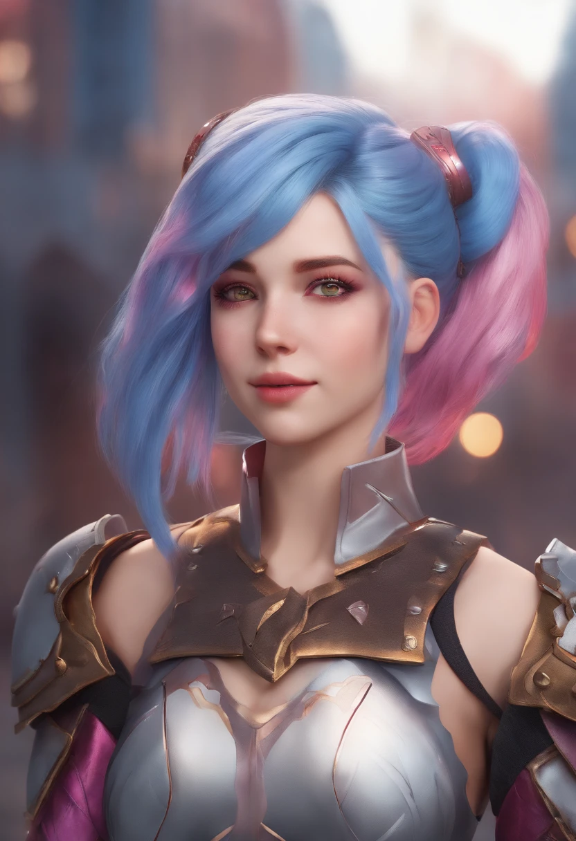 best quality, 4k, masterpiece, extremely detailed, High Detail, 1girl, solo, peri, blue hair, hair over one eye, multicolored hair, twintails, pink hair, red eyes, two-tone hair, armor, smile, Burning city background