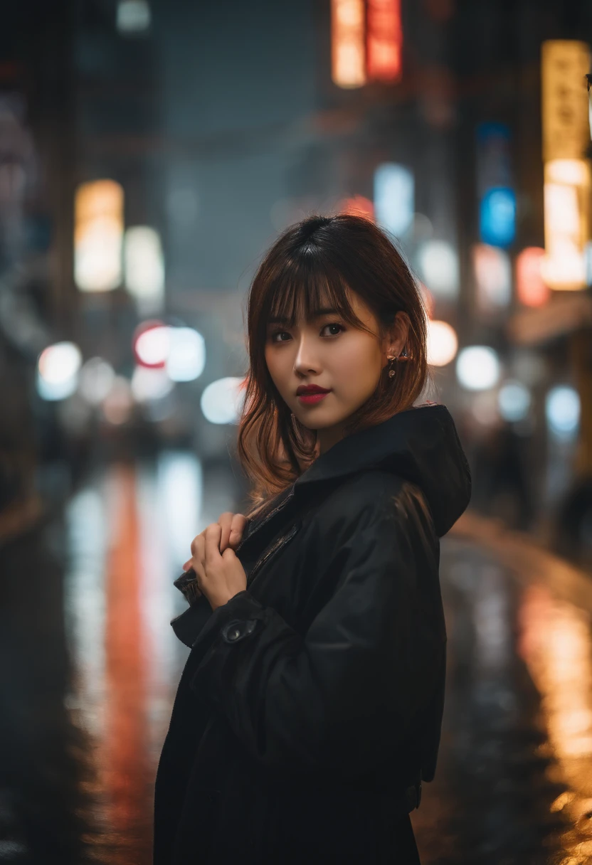8k, Foto RAW, best quality, master part:1.2),(Realistic, photo-realistic:1.37),Tokyo street,Noite, chuva, Wet,Cityscape,Noite, CIDADE CYBERPUNK,luz suave,1girl,, rosto extremamente bonito,busto,put down hands,Hairstyle Random,random hair color,random expression,Pigsney