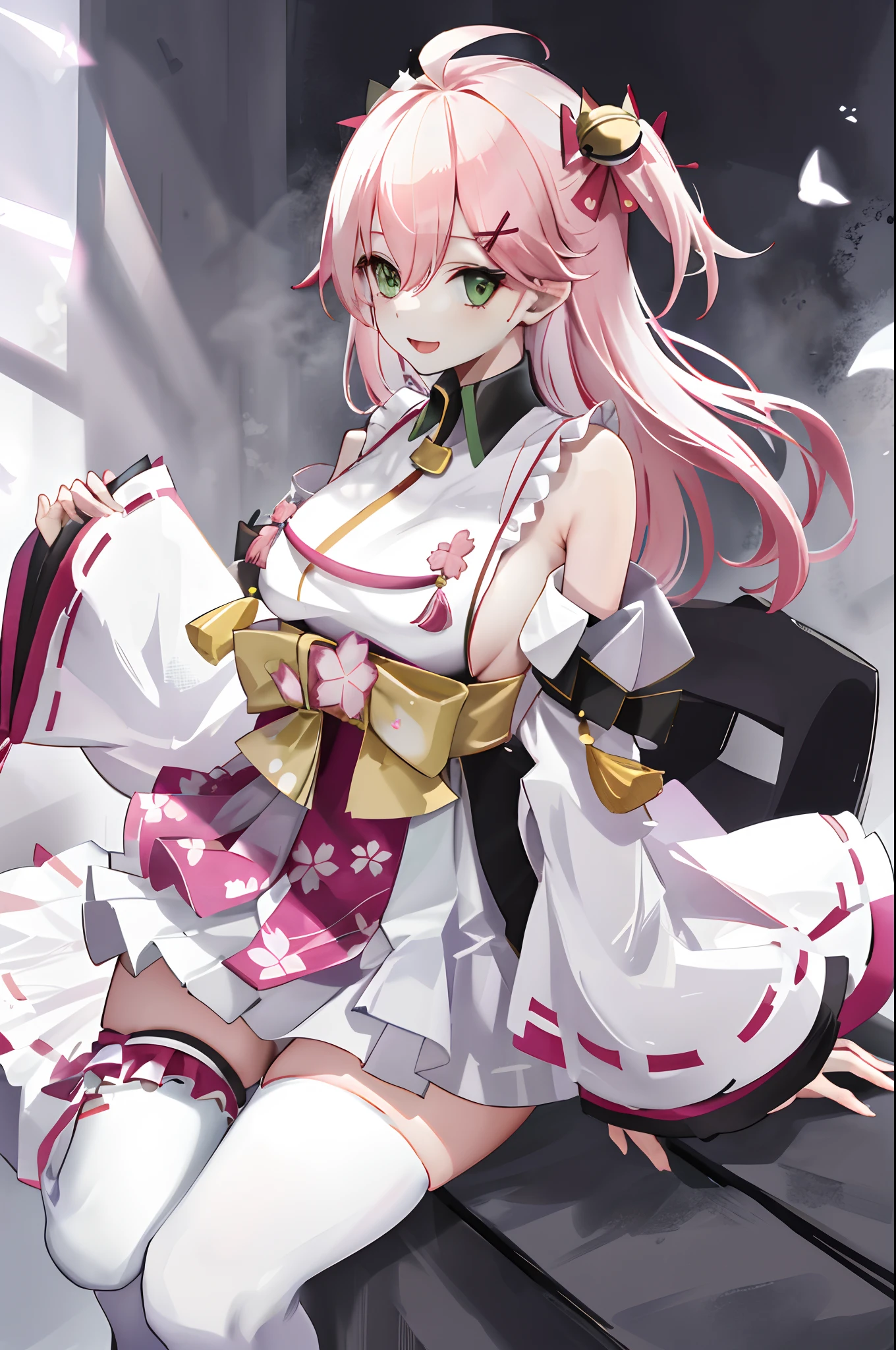 masterpiece, best quality, highres, miko1, sakura_miko, 1girl, big_boobs, solo, ahoge, x_hair_ornament, pink_hair, floral print, hairclip,(side_less_clothes:1.5), (side_boobs:1.5), hair_bell, floral print, long_hair, hair between eyes, one side up, white thighhighs, asymmetrical legwear, wide sleeves, open_mouth,(happy:1.3),green_eyes,big_smile,(raise_leg:1.3),plump,apart_legs,(overly_long_sleeves:1.3),),sleeves_past_wrists,hands_hidden_sleeves,sidelock_clothes,solo,hidden_wrists,(XD:1.5),covered_nipples,plump,sunlight,(bare_flank:1.3)