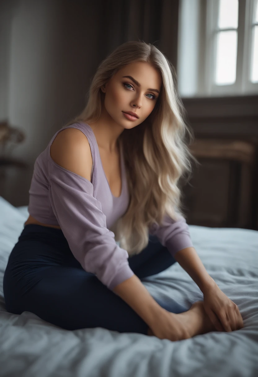 arafed woman fully , sexy girl with blue eyes, ultra realistic, meticulously detailed, portrait sophie mudd, blonde hair and large eyes, selfie of a young woman, bedroom eyes, violet myers, without makeup, natural makeup, looking directly at the camera, face with artgram, subtle makeup, stunning full body shot kneeling on bed, in bedroom, large size bust gym wear full body