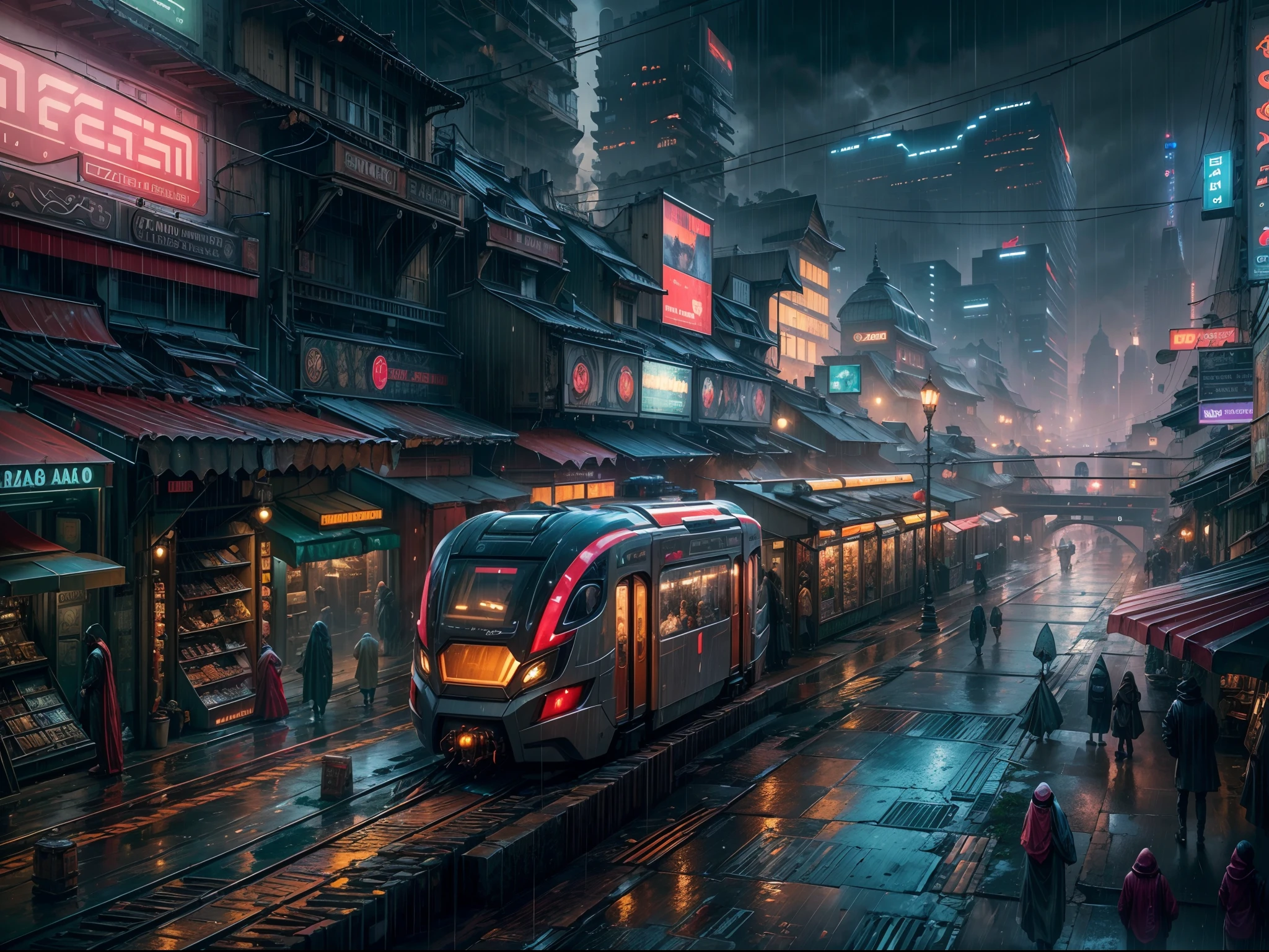 (masterpiece:1.2), (best quality, high detail), (realistic), Futurist era city, architectural streets, bazaars, futuristic train lines, cyberpunk, buildings, night, European city, rainy, neon ,heavy rain,