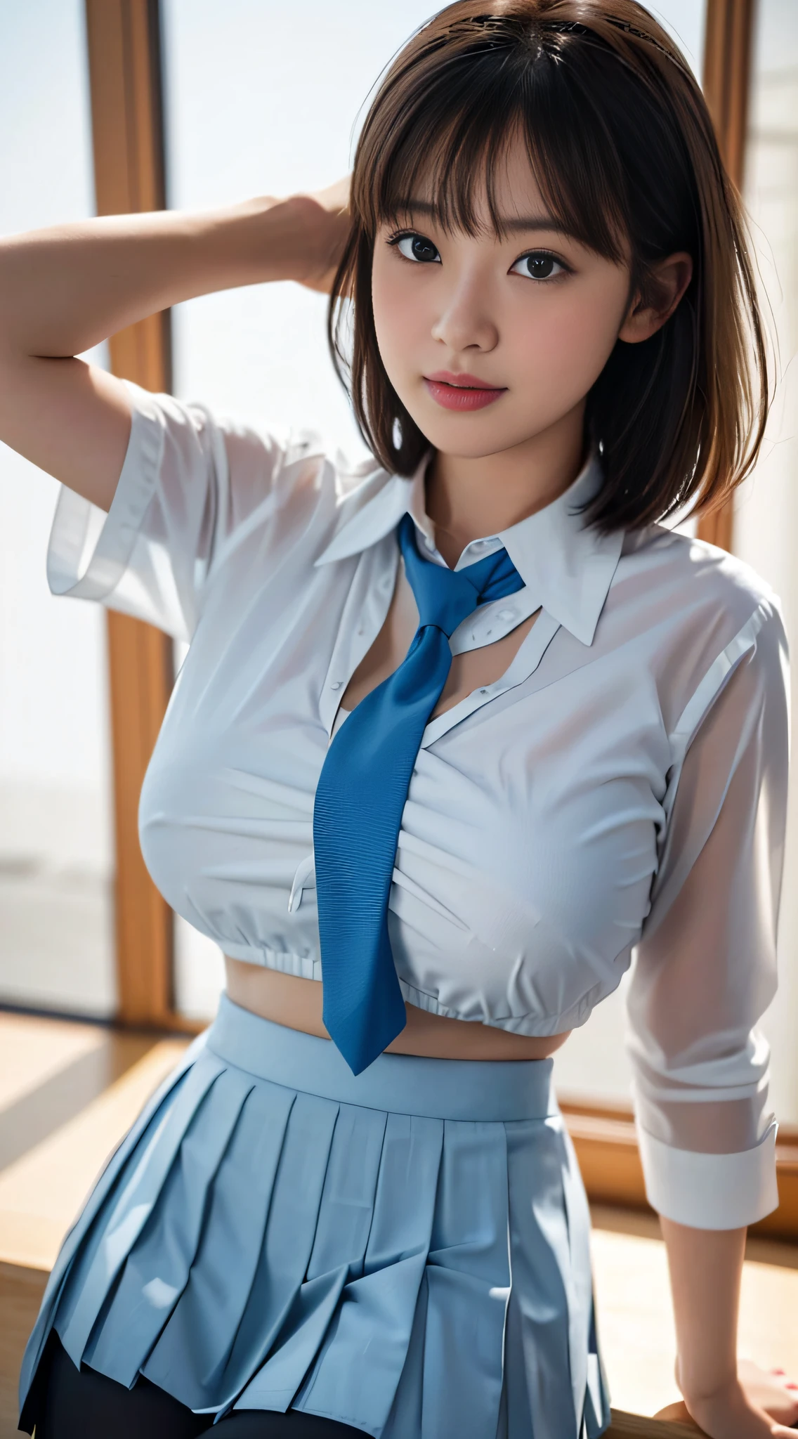 8K, Best quality, Real picture, Intricate details, Ultra-detailed, 超A high resolution, Depth field,(Photorealistic,Realistic:1.2),Masterpiece, 0.25 :: Close-up , straight shot , From miiddle ,1girll, 。.。.。.。.。.。.。.。.。.。.。.。.。.。.ai_Zen Buddhism, an extremely beautiful , innocent big eyes, (brown_short_Hair), (Green_Eyes:1.0),(Bangs Aviation),Disheveled hair,(hair pin), Perfect shiny skin, Flawless skin, Fair skin, Huge breasts, cleavage, Narrow waist, Light blush, Solo, view the viewer, Light smile,chubby under the clothes, Sweat,Wearing ((school_uniform), (White_Skirt),(Blue_Long_tie), (Blue_pleated_Skirt), (black_Pantyhose) :1.2), (Gravure pose :1.1),Sunset ,high school in Japan ,(jiayi:1.5), closeup cleavage, tmasterpiece, best qualtiy, RAW photogr, realisticlying, the face, Incredibly Ridiculous res, depth of fields, A high resolution, ultra - detailed, finedetail, The is very detailed, Extremely detailed eyes and face, Sharp pupils, realistic pupil, tack sharp focus, cinmatic lighting