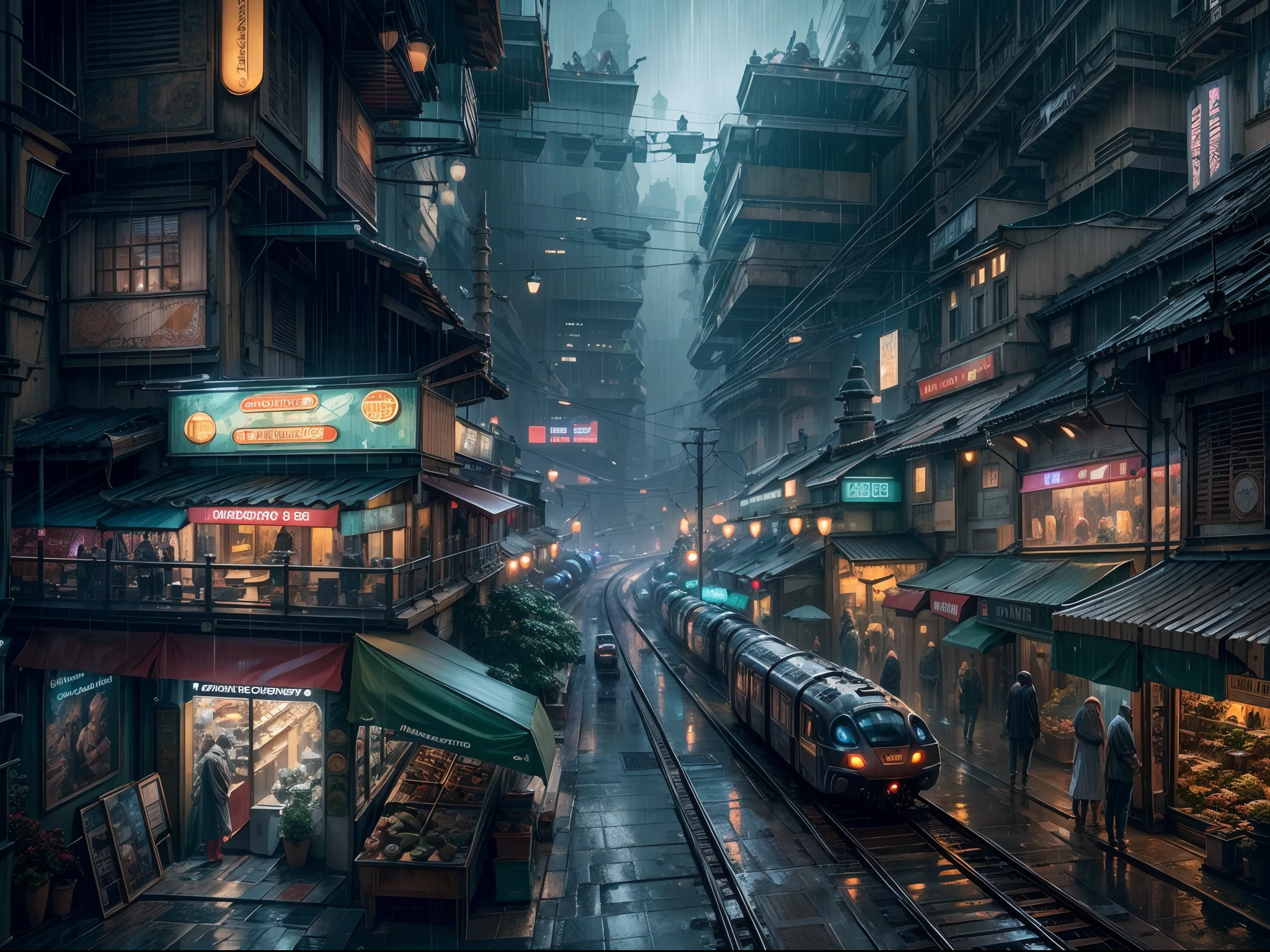 (masterpiece:1.2), (best quality, high detail), (realistic), Futurist era city, architectural streets, bazaars, futuristic train lines, cyberpunk, buildings, night, European city, rainy, neon ,heavy rain,