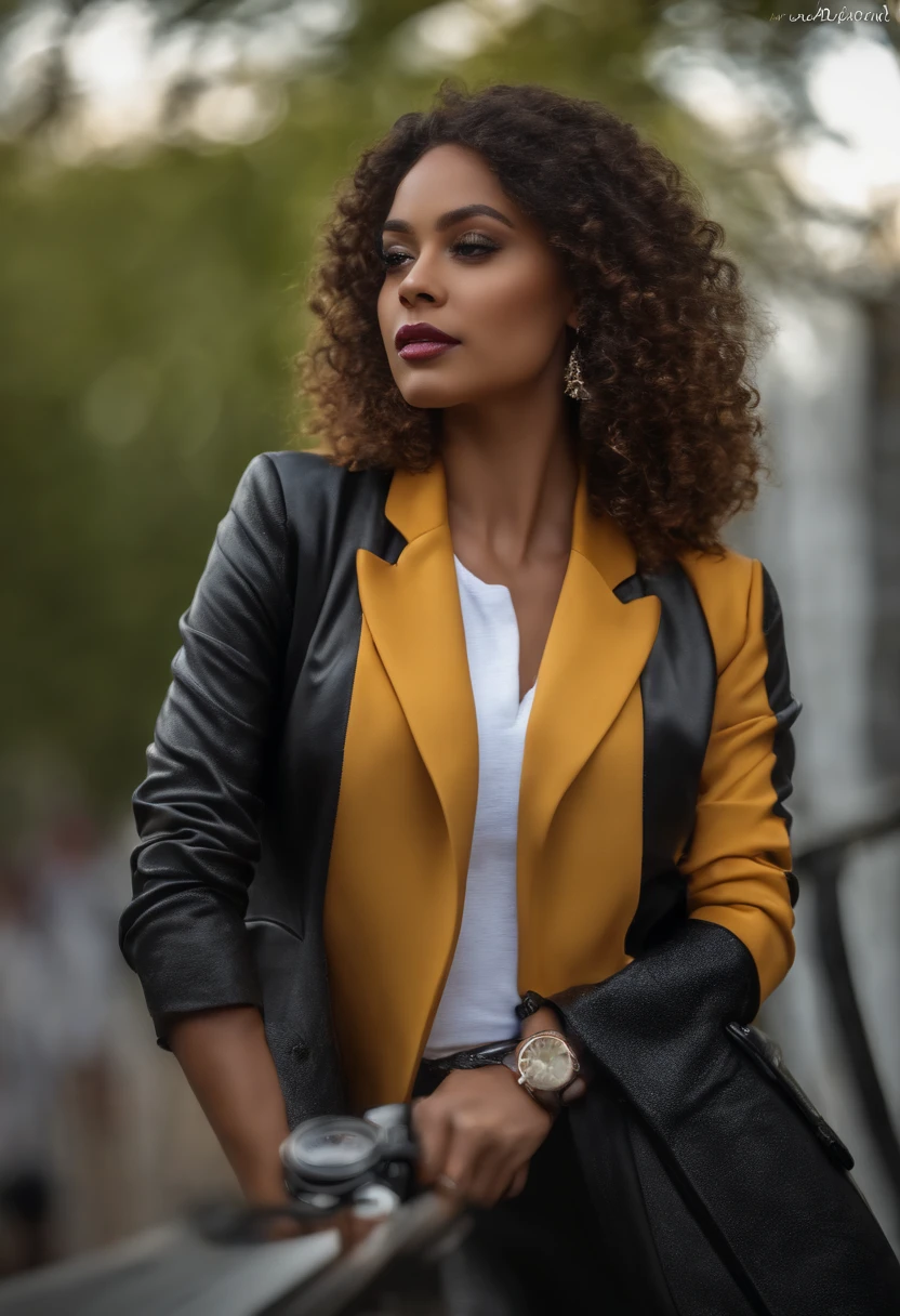 Qualidade Premier, master part, 1 menina, rosto bonito, (fotos fotorrealistas:1.3), Rim lighting, (pele de alto detalhe:1.2), 8k UHD, DSLR, alta qualidade, High definition, 4k, 8k, Bokeh, (real: 1.3), cara pequena, Bonito uma menina, Blazer formel noir, mid chest, Saia curta, office, black girl