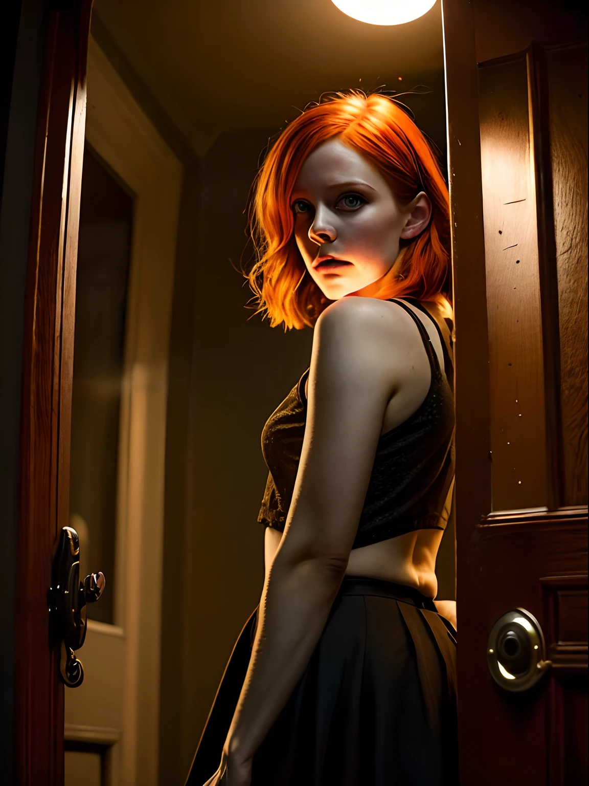 Realistic, photorealistic, RAW photo, ultra detailed, cinematic lighting, (pre-focused), (Darkness: 1.6), the night is dark and full of horrors, cute woman, standing in doorway, she leaves but turns around to say goodbye, most detailed cute face, cute sexy look, short ginger hair, freckles, short black skirt, spot lighting, deep shadow, low key, low angle, masterpiece, Cinematic composition, aesthetic of classic dramatic movie, Centered image.