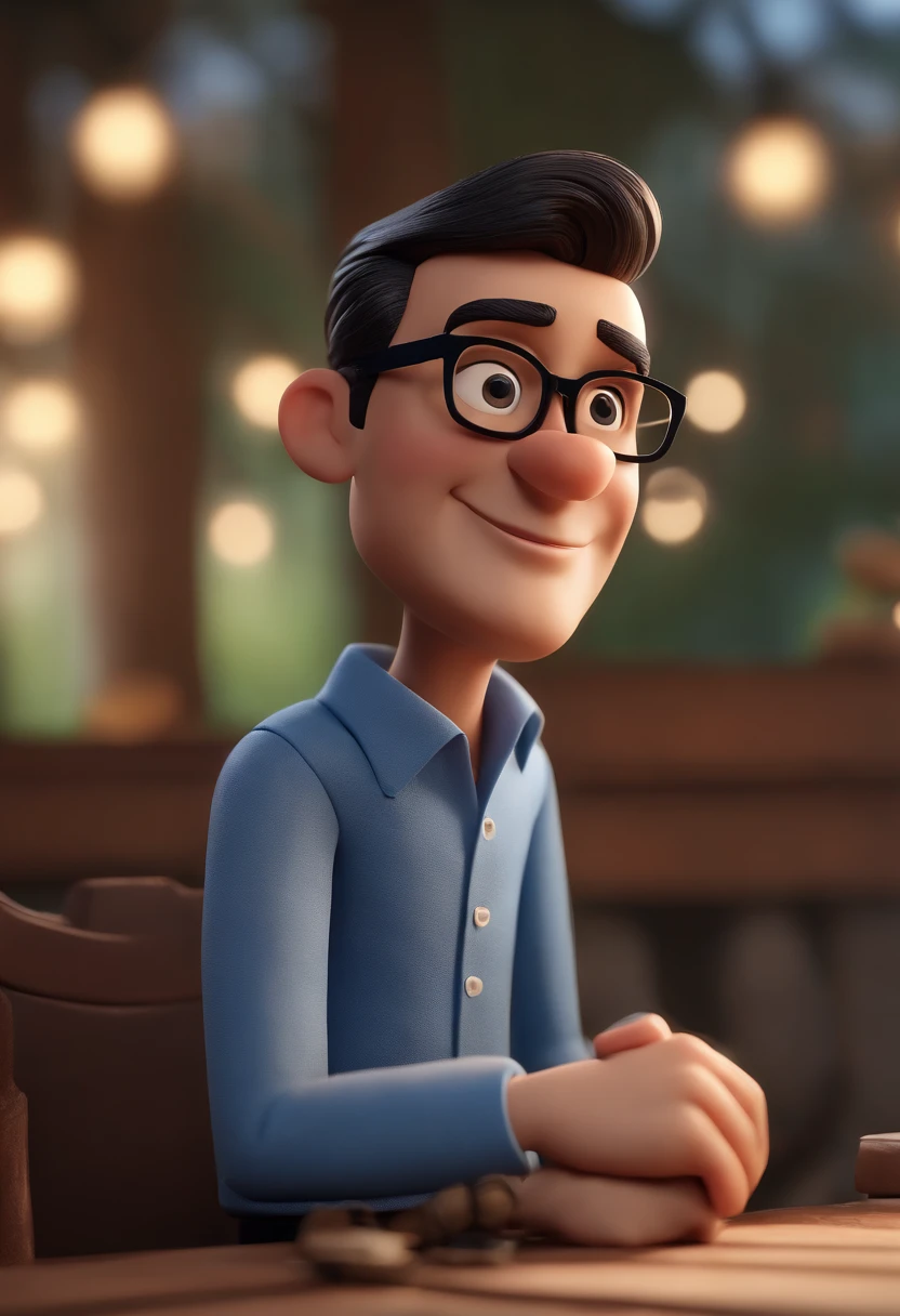 Cartoon character of a man wearing black glasses and a blue shirt, an animated character, stylized character, animation style render, Stylized 3 D, arnold maya render, 3 d render stylized, toon render keyshot, 3d character, 3 d character, stylized 3d render, 3 d character render, cartoon character, close up character, character posing, (Pixar style) (Masterpiece:1.2) (Bokeh) (Best quality) (Detailed skin) (Detailed texture) (8K) (Clay) (Cinematic lighting) (Sharp focus，Sits and leaks the upper body. This guy is realtor selling homes