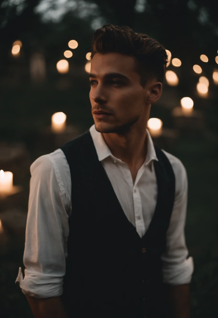 Homem de 20 anos com cabelos brancos, corte de cabelo de low fade , vestido com uma camisa de frio branca com estampa, in a graveyard, expression happy