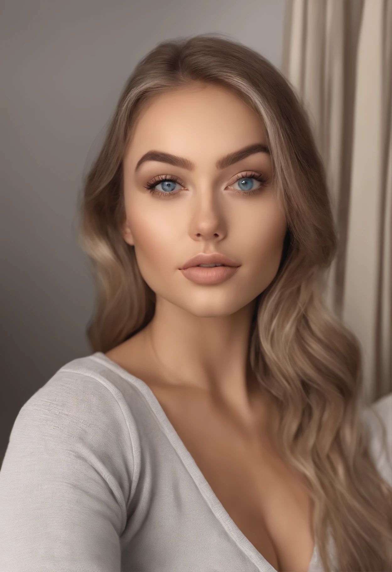 arafed woman fully , sexy girl with blue eyes, ultra realistic, meticulously detailed, portrait sophie mudd, blonde hair and large eyes, selfie of a young woman, bedroom eyes, violet myers, without makeup, natural makeup, looking directly at the camera, face with artgram, subtle makeup, stunning full body shot kneeling on bed, in bedroom, large size bust gym wear full body