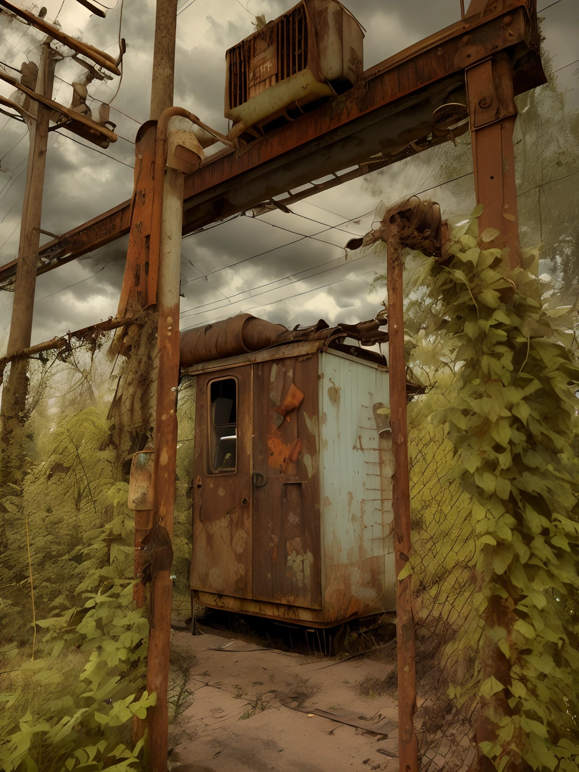 there is a rusted out building with a power pole in the background, rusty metal towers, a photograph of a rusty, rusted panels, abandoned gas station, 4 0 9 6, an abandoned rusted train, photograph taken in 2 0 2 0, overgrown with weeds, rusted junk, an overgrown, rusted walls, machinery and wires