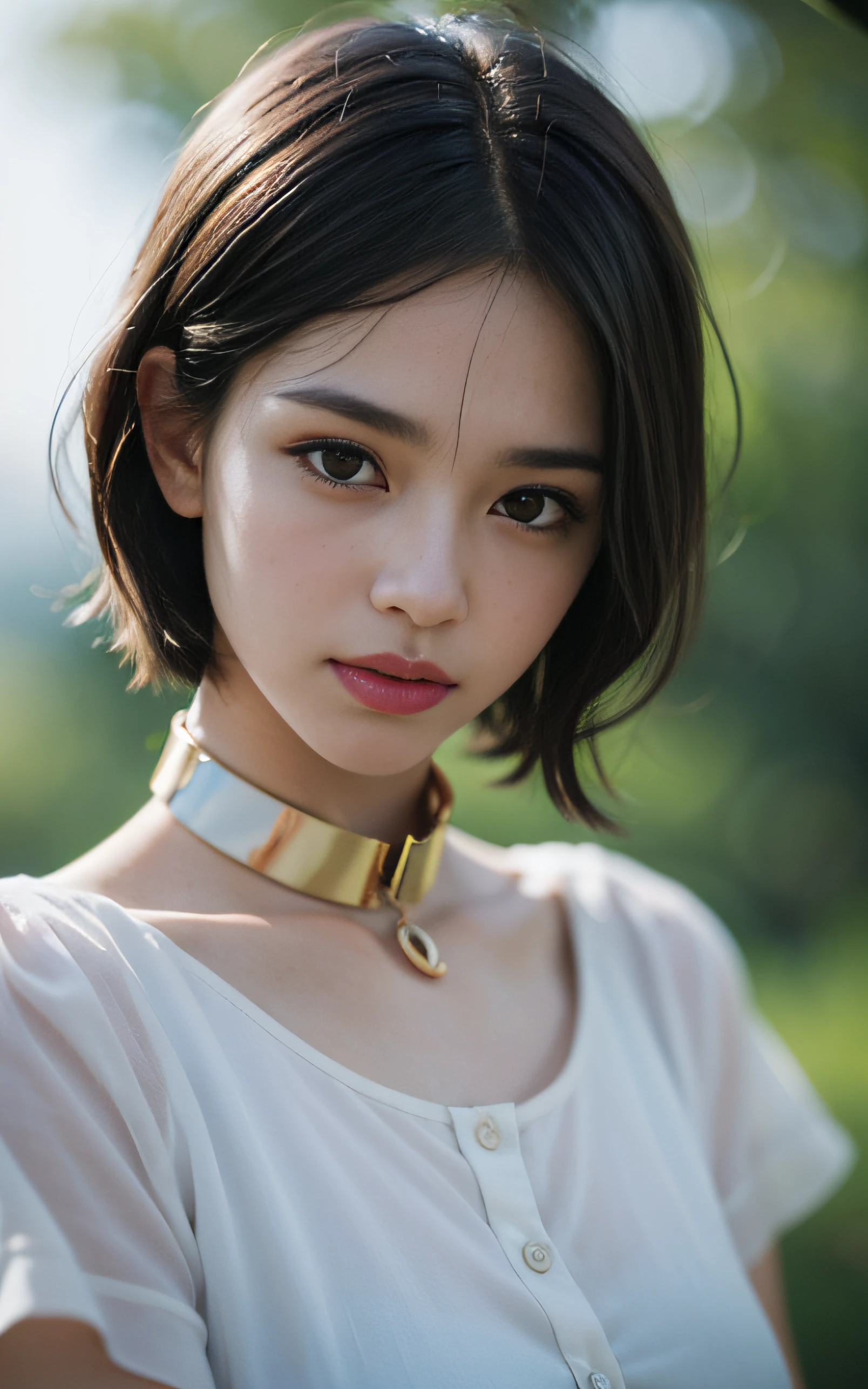 Film Portrait Photography, 1girl in, short hair, shirt with collar, Serene, Calm, Gentle, vulnerable, Naive, Innocent, (Realistic detailed eyes, Natural Skin Texture, Realistic face details), Soft dramatic lighting, depth of fields, Bokeh, vibrant detail, Finely detailed, hyper realisitic, full body, 35mm Film, Hazy blur