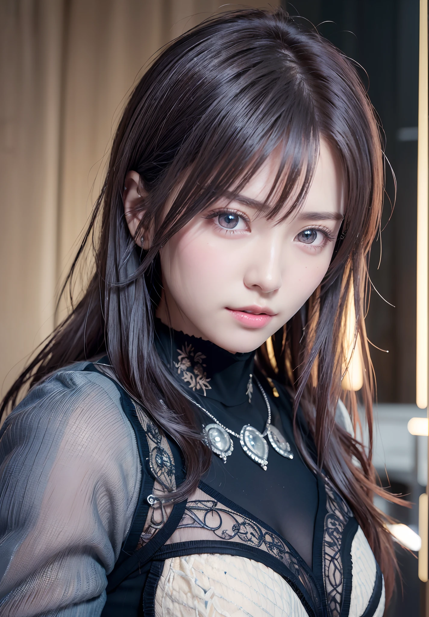 top-quality、8K Masterpiece、超A high resolution、(Photorealsitic:1.3)、Raw photo、女の子1人、silver white hair、glowy skin、1 Cyberpunk Super Beautiful Soldier、((super realistic details))、portlate、globalillumination、Shadow、octan render、8K、ultrasharp、beauty breast、Raw skin is exposed in cleavage、metals、cold color、、highly intricate detail、Realistic light、CGSoation Trends、Beautiful eyes、radiant eyes、Facing the camera、neon details、