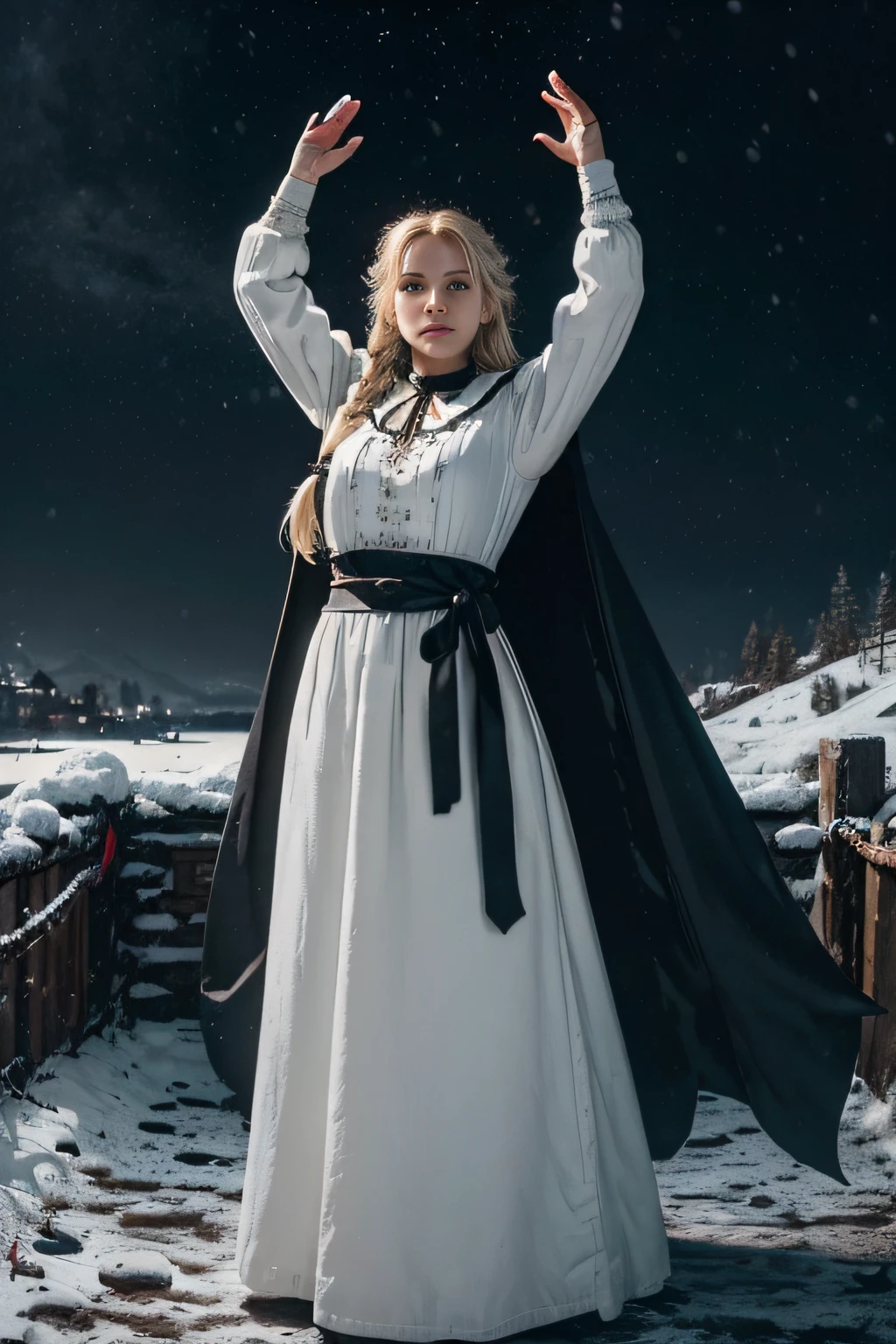 (best quality, highres, ultra-detailed), (HDR), (realistic:1.37), a woman with blond hair tied in a braid wearing classic Slavic white dress and black cape with arms raised up, standing, dark winter night, snowing, dark theme full body magic medieval dark theme mistery more dark shade