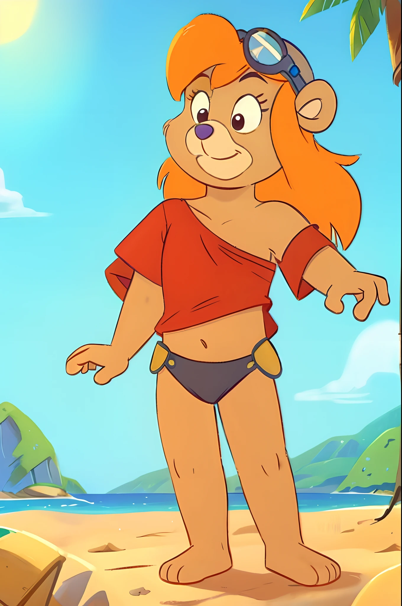ursa_barbic, gummi_bears, red cut top, off shoulder, black bikini, goggles, feets whit three toes, beach, clear sky, solo,