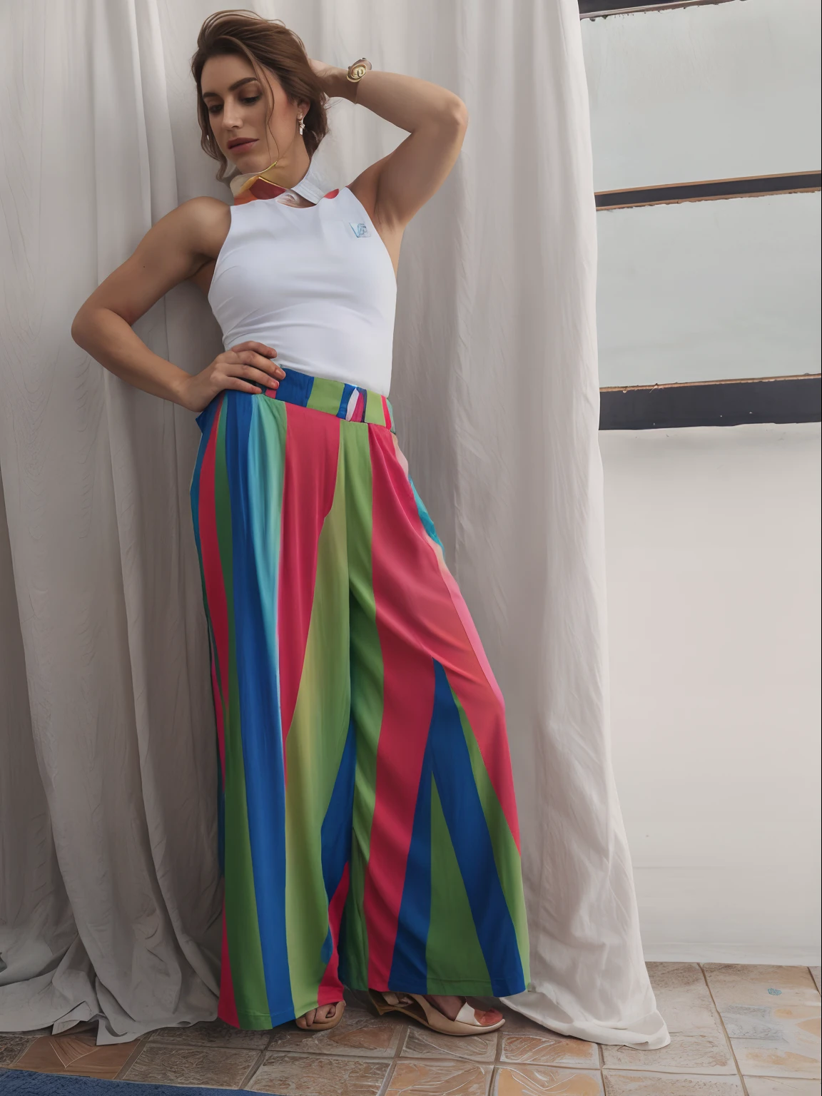 Araffe woman in a white tank top and colorful pants, full-length view, multicolorido, roupa colorida, multi cores, multi colorido, stripey pants, multi - colorido, red tank top and wide blue pants, saia longa, wearing a long flowy fabric, large pants, vestido com seda colorida, Colorido, bright trouser suit for a rave