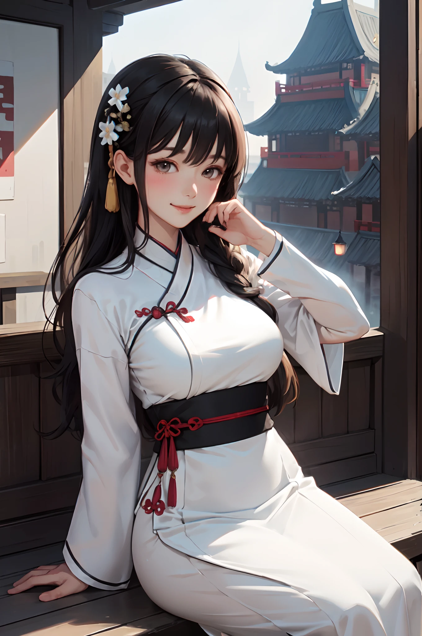 1lady solo, hanfu, mature female, /(black hair/) bangs, blush kind smile, (masterpiece best quality:1.2) delicate illustration ultra-detailed, large breasts BREAK /(traditional townscape in China/), detailed background