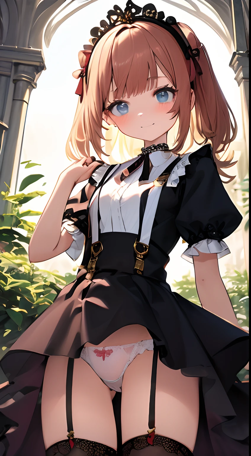 (masutepiece, Best quality:1.2), 8K, 85 mm, offcial art, RAW photo, absurderes, brunette color hair, (Blue eyes, ta fashion, sweetLolita, Gothic, dress:1.2), Idol face, Upper body, Beautiful girl, gardeniass, Copenhagen, short- sleeved, Elegance, Sophisticated, Gardenia, filmgrain, color difference, Sharp focus, Face Lights, Dynamic lighting, Cinematic lighting,(( Red blush、embarrassing expression, Look away、Look down awkwardly:1.2))、(((tucking up the skirt、White panties visible、Sukichiman、slit)))、Seductive pose,suspender stockings,