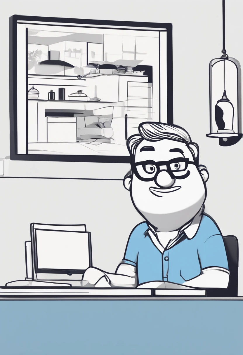 Cartoon character of a man wearing black glasses and a blue shirt, um personagem animado, Caractere estilizado, animation style rendering, 3D estilizado, Arnold Maya render, 3 d render stylized, toon render keyshot, Personagem 3D, Personagem 3D, 3d rendering stylized, 3 d character render, personagem de desenho animado, Personagem de close up, Pose de personagem, (Estilo Pixar) (master part:1.2) (Bokeh) (best quality) (pele detalhada) (textura detalhada) (8k) (argila) (Cinematic lighting) (foco nítido,Senta e vaza a parte superior do corpo. This guy is a realtor selling houses