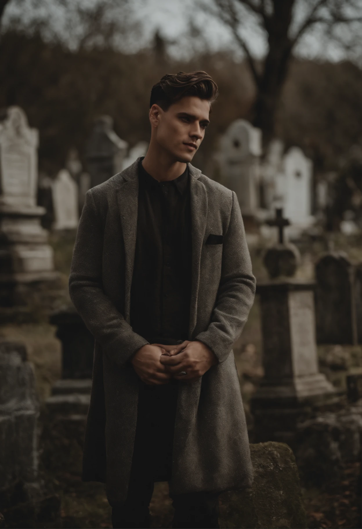 Homem de 20 anos com cabelos brancos, corte de cabelo de low fade , vestido com uma camisa de frio branca com estampa, in a graveyard, expression happy