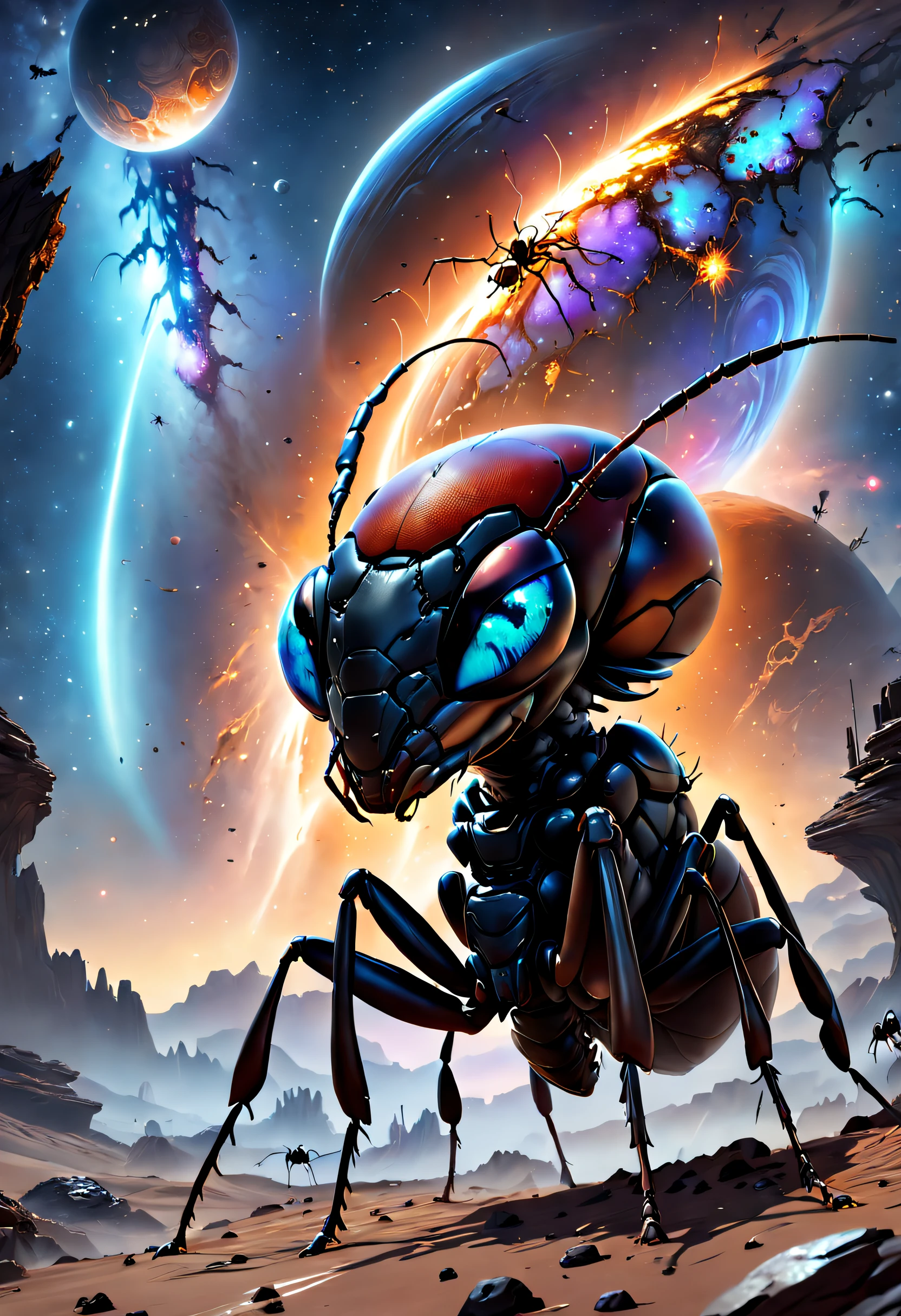 (Best quality, 4K, 8K, A high resolution, Masterpiece:1.2), Ultra-detailed, (Realistic, Photorealistic, photo-realistic:1.37)，A giant ant breaks into the galaxy，Meticulous giant ants，As big as a planet，ultra-realistic realism，Epic dreams，Beautiful sci-fi art,science fiction digital art,Futuristic starry sky background，Beautiful sci-fi art, Science-fi digital art illustration, Digital cyberpunk art, science fiction digital painting, futuristic digital painting, futuristic concept art, In front of the sci-fi starry sky landscape, science fiction digital art, Advanced digital cyberpunk art, Fantastic cyberpunk ants