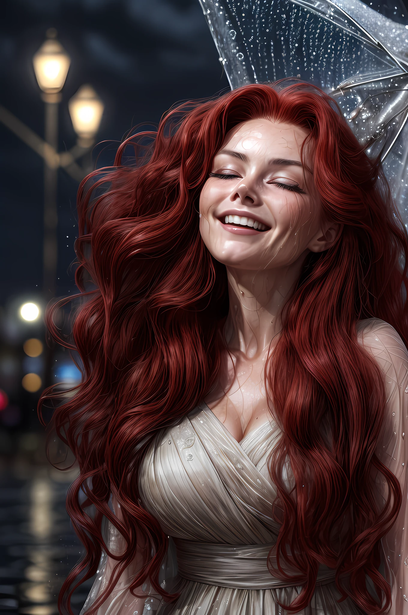 a close up picture of a woman's face looking towards the sky, as she looks up the rain drops fall on her face, a very beautiful woman, long hair, red hair, wavy hair, wet hair, closed eyes, she wears an elegant, intricate dress, there is a sense of joy on her face, an urban street at night. cloudy night,