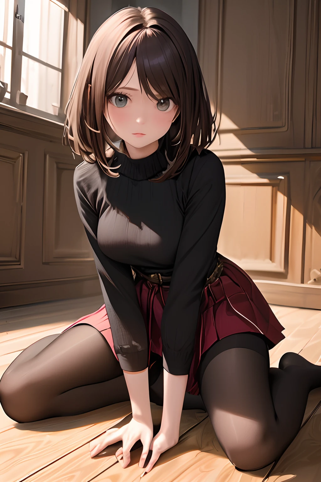 Girl seen from the floor, Skirts or shorts are acceptable, look from down, Stockings or pantyhose, Medium breasts, ((Very detailed)), (Perfectly detailed face), (Very meticulous hands), photorealistic image.