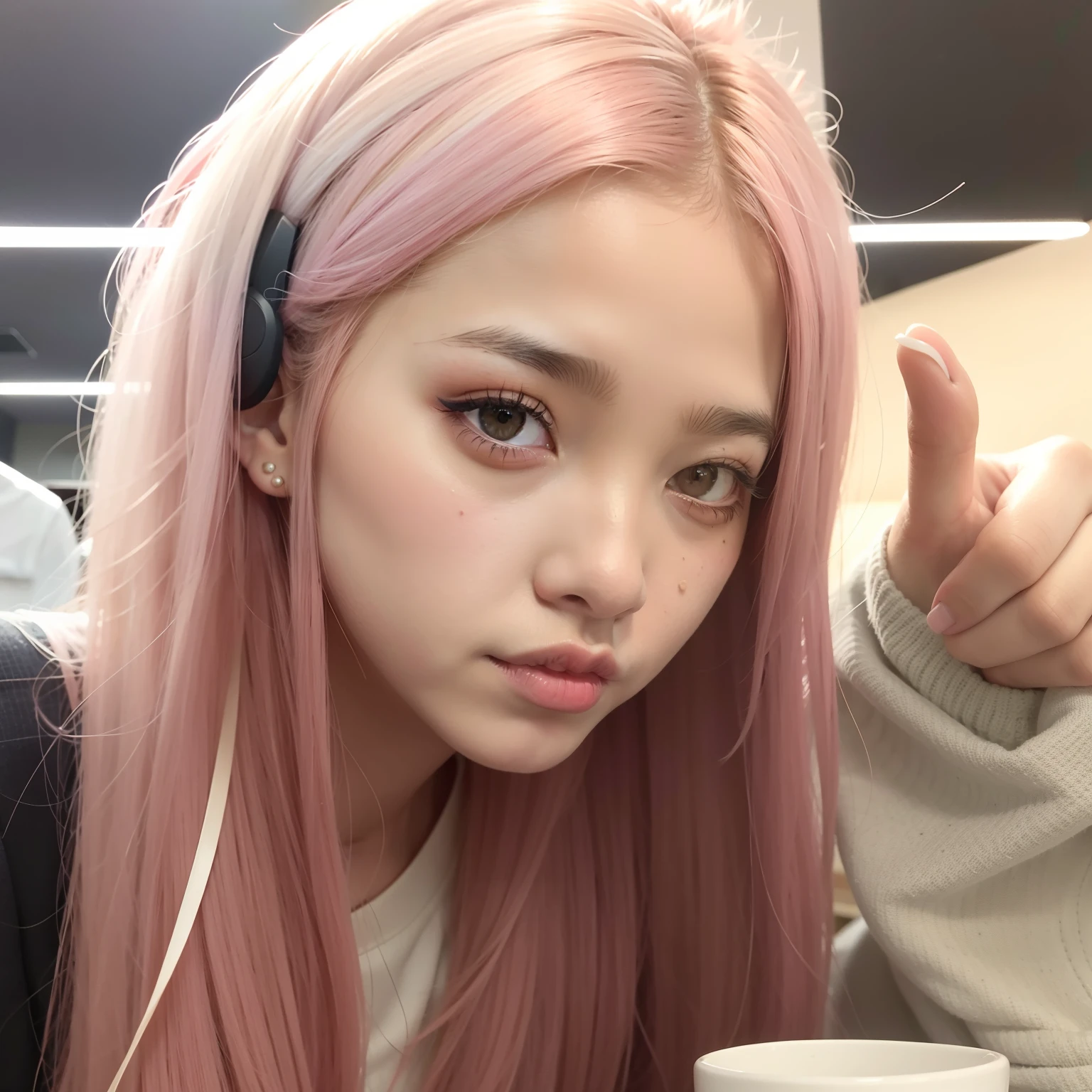 Chica de Araffe con el pelo rosa y auriculares sosteniendo una taza, Jossi de Blackpink, Parque Roseanne de Blackpink, cabello liso rosa, con cabello rosado, ulzzang, Retrato de Jossi de Blackpink, Tono de piel rosa pastel, cabello rosa claro, Chica coreana, Cabello largo de color rosa claro, Lalisa Manoban de Blackpink, cabello rosado, Cabello largo y rosado