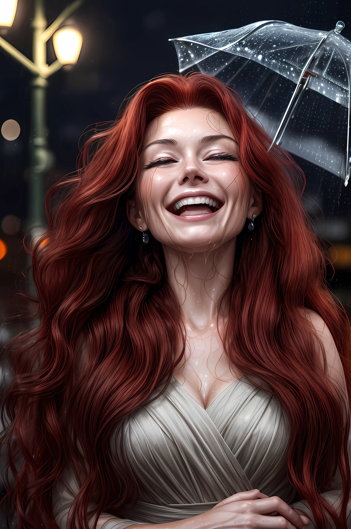 a close up picture of a woman's face looking towards the sky, as she looks up the rain drops fall on her face, a very beautiful woman, long hair, red hair, wavy hair, wet hair, closed eyes, she wears an elegant, intricate dress, there is a sense of joy on her face, an urban street at night. cloudy night,