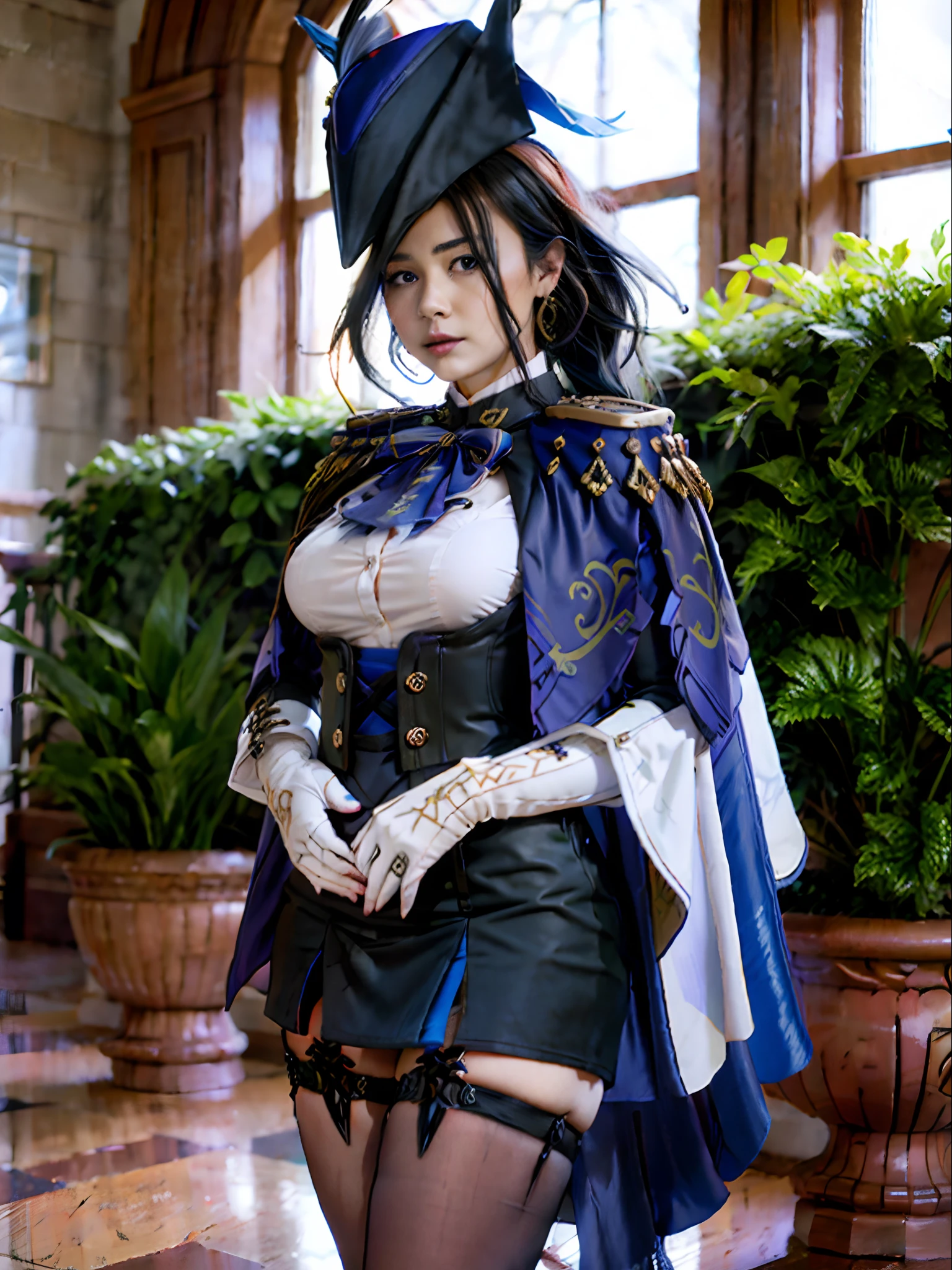 8K分辨率、Raw photo、1girl in, Klonde \(GenshinImpact\), tricorne, pantyhose, earrings, blue cape, White Gloves, pencil skirts, White shirt, Thigh strap, Underbust, ascot, Jacket, depth of fields, Standing, Cowboy Shot, Glaring, put hands on the hip, Looking at Viewer, chies, Indoors