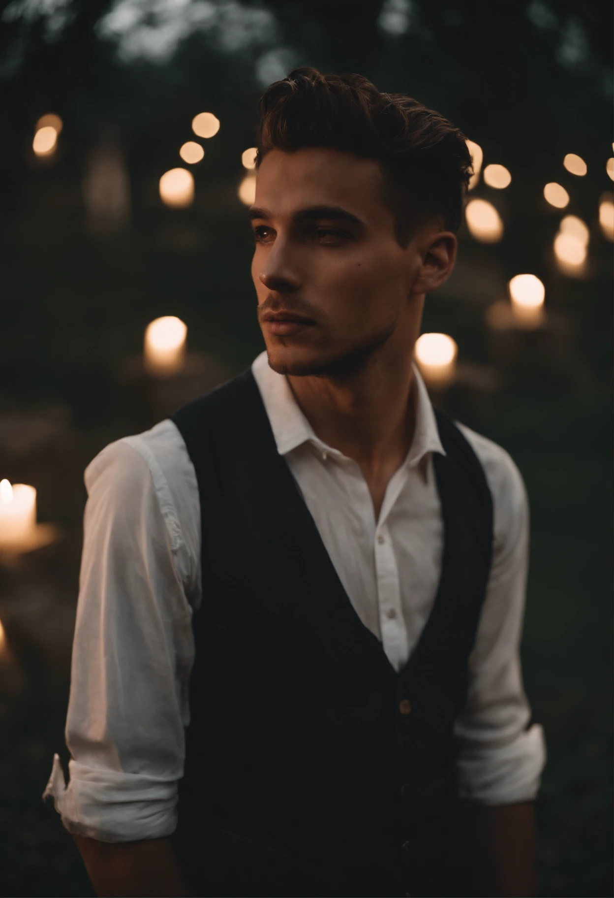 Homem de 20 anos com cabelos brancos, corte de cabelo de low fade , vestido com uma camisa de frio branca com estampa, in a graveyard, expression happy