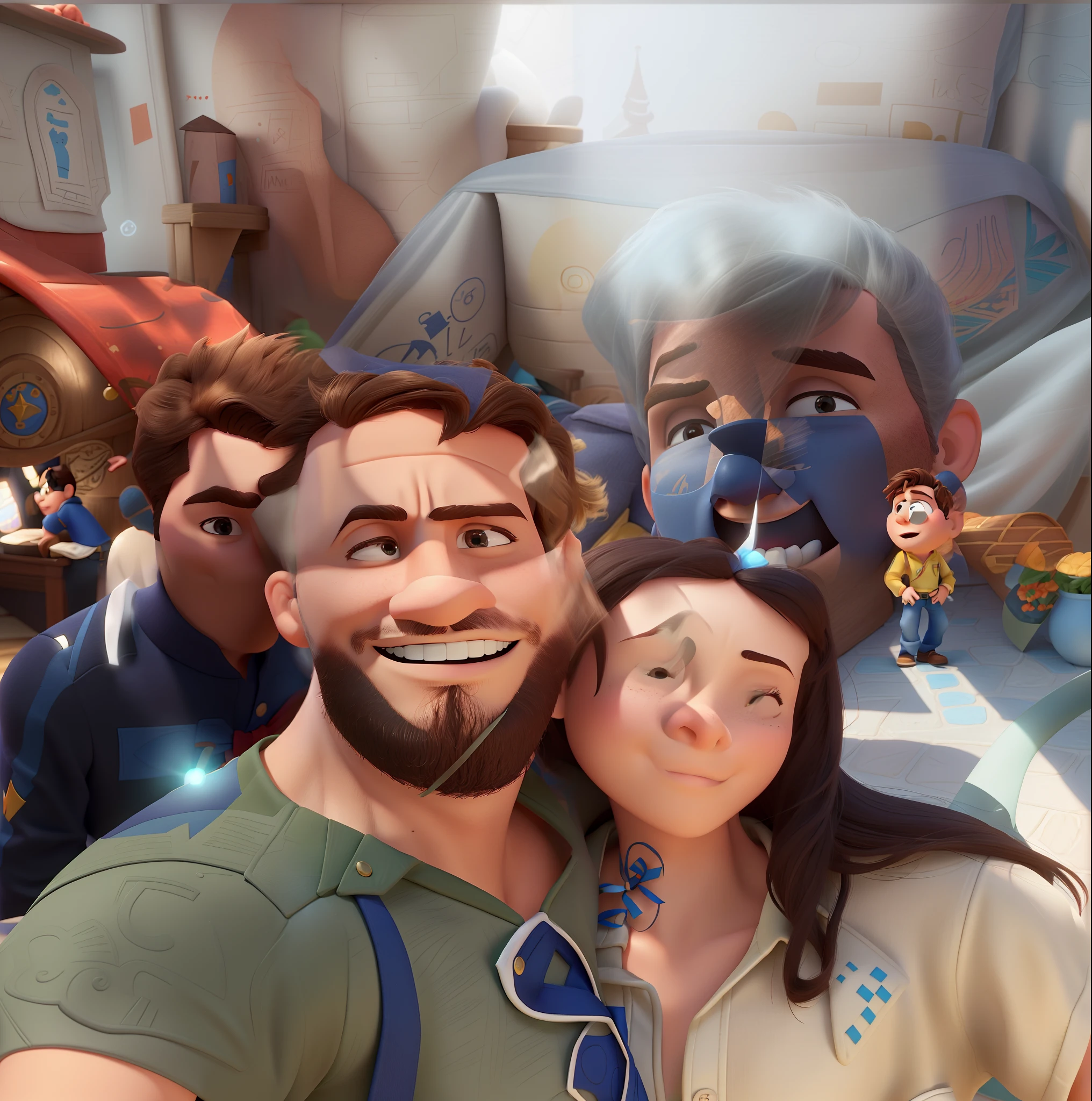Casal (homem branco e mulher branca) com filho no colo no estilo Disney Pixar, alta qualidade, melhor qualidade.