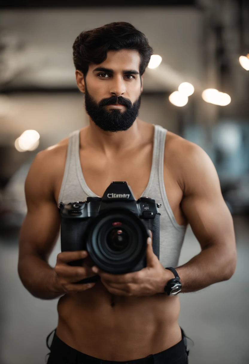 Um jovem homem de 30 anos, moreno claro, cabelo preto cacheado, barba preta, olhos pretos, sorriso largo, corpo normal, holding his camera in his hand and in the background his photo studio with lighting equipment and infinity background for photography