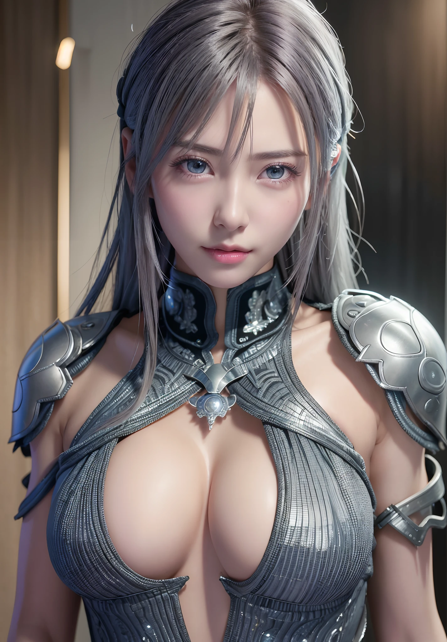 top-quality、8K Masterpiece、超A high resolution、(Photorealsitic:1.3)、Raw photo、女の子1人、silver white hair、glowy skin、1 Cyberpunk Super Beautiful Soldier、((super realistic details))、portlate、globalillumination、Shadow、octan render、8K、ultrasharp、beauty breast、Raw skin is exposed in cleavage、metals、cold color、、highly intricate detail、Realistic light、CGSoation Trends、Beautiful eyes、radiant eyes、Facing the camera、neon details、