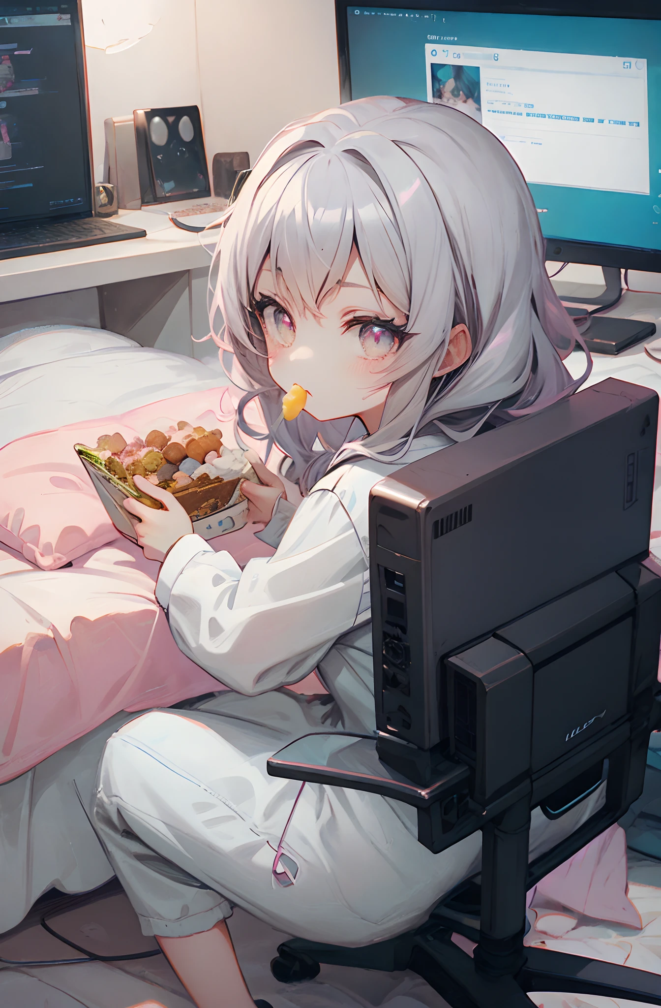 a close up of a anime cat girl streaming on the computers looking back eating a snack, long gray teal hair, curly hair, brown ayes, sharp brown ayes, white dress, white pajamas, pink bedroom, bed full of plushies, background, pink gaming chair, calm atmosphere