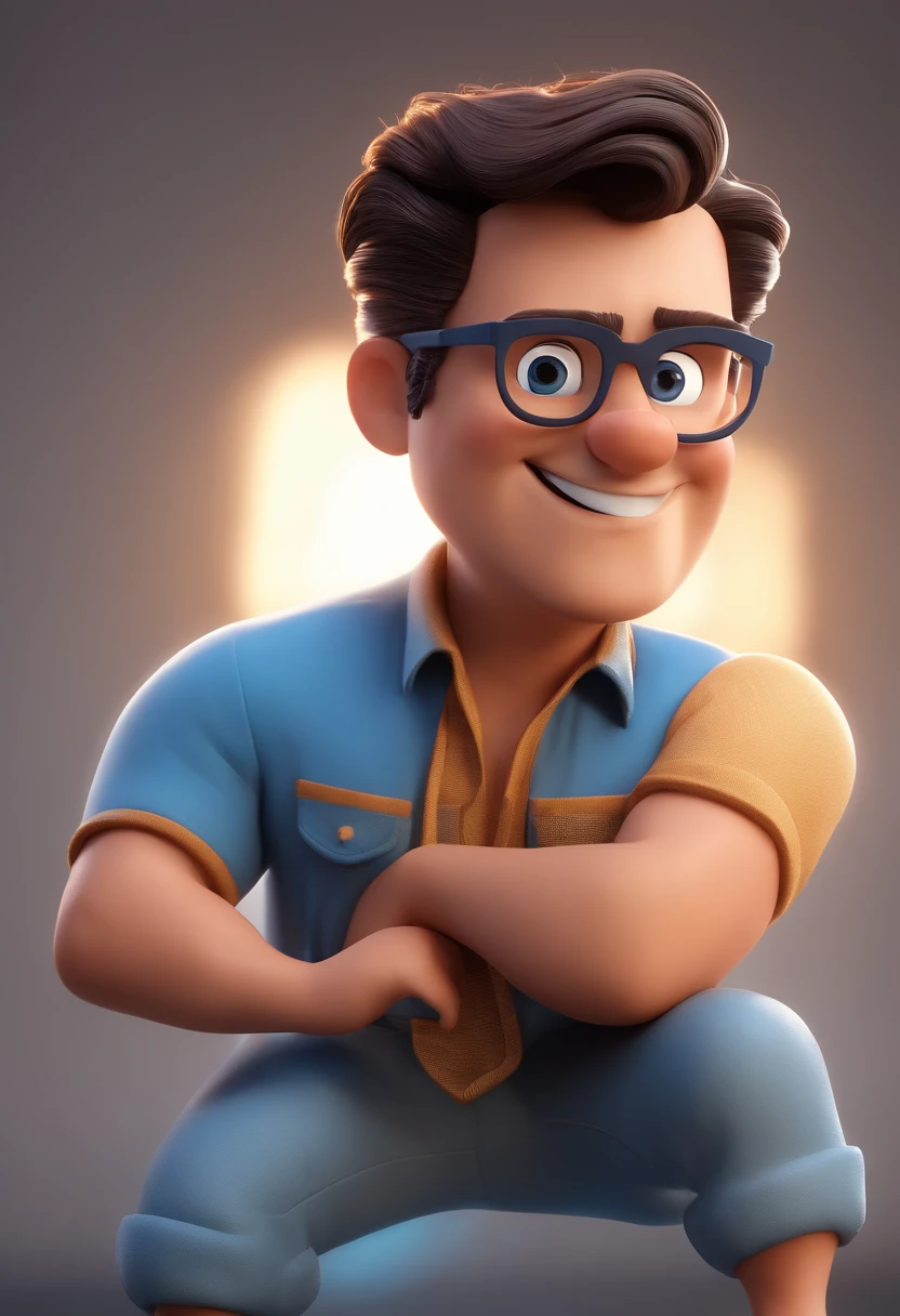 Cartoon character of a man with black glasses and a blue shirt, animation character, Caractere estilizado, animation style rendering, 3D estilizado, Arnold Maya render, 3 d render stylized, toon render keyshot, Personagem 3D, Personagem 3D, 3d rendering stylized, 3 d character render, personagem de desenho animado, Personagem de close up, Pose de personagem,  (Estilo Pixar) (master part:1.2) (Bokeh) (best quality) (pele detalhada) (textura detalhada) (8k) (argila) (Cinematic lighting) (foco nítido