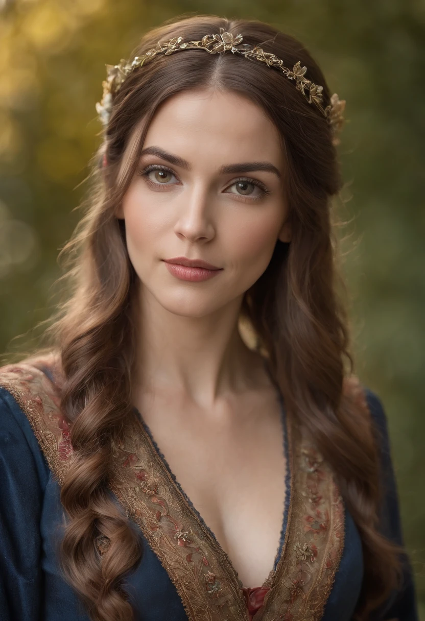 mulher em torno de 39 anos, cabelos castanhos naturais, olhos castanhos distintos, vestindo kohl,  Beautiful, luz de velas em um ambiente medieval, Ultra sharp focus, tiro realista, roupas femininas medievais, cores tetradicas (cicatriz:1.4)