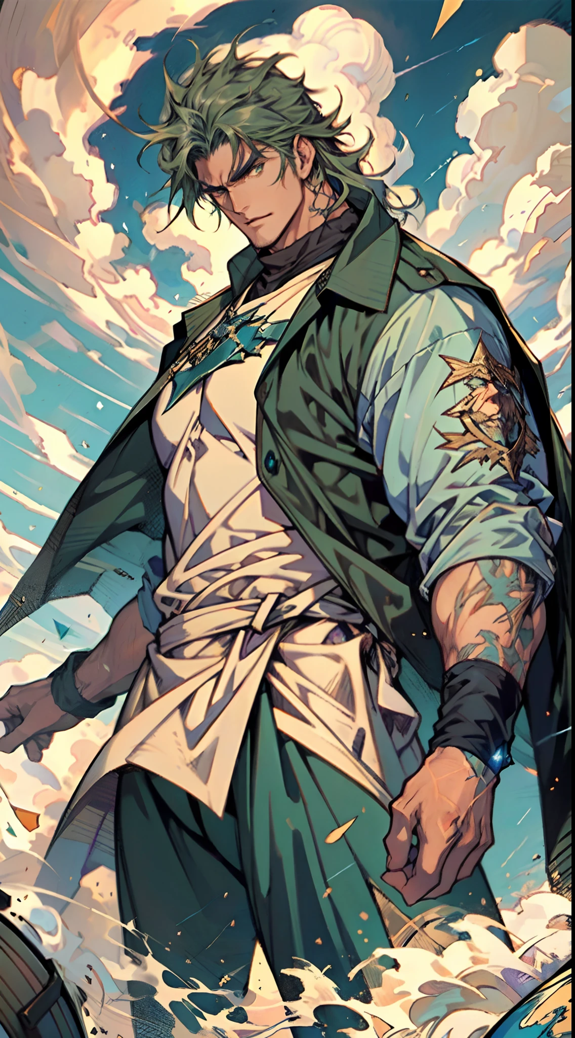 A middle-aged man, dark green long hair, wildly disheveled and exaggerated hairstyle, a headband, no eyebrows, a stern gaze, a well-defined facial structure, a tall and muscular physique, a fantasy-realistic style outfit, only a half-length windbreaker coat, sleeveless, revealing sturdy abdominal muscles, wearing wrist guards, matching trousers with the outfit, standing like a deity, dark clouds gathering in the sky, flashes of lightning and thunder, wild winds swirling around, this character embodies a finely crafted fantasy-style wild overlord in anime style, characterized by an exquisite and mature manga illustration art style, high definition, best quality, highres, ultra-detailed, ultra-fine painting, extremely delicate, professional, anatomically correct, symmetrical face, extremely detailed eyes and face, high quality eyes, creativity, RAW photo, UHD, 8k, Natural light, cinematic lighting, masterpiece-anatomy-perfect, masterpiece:1.5