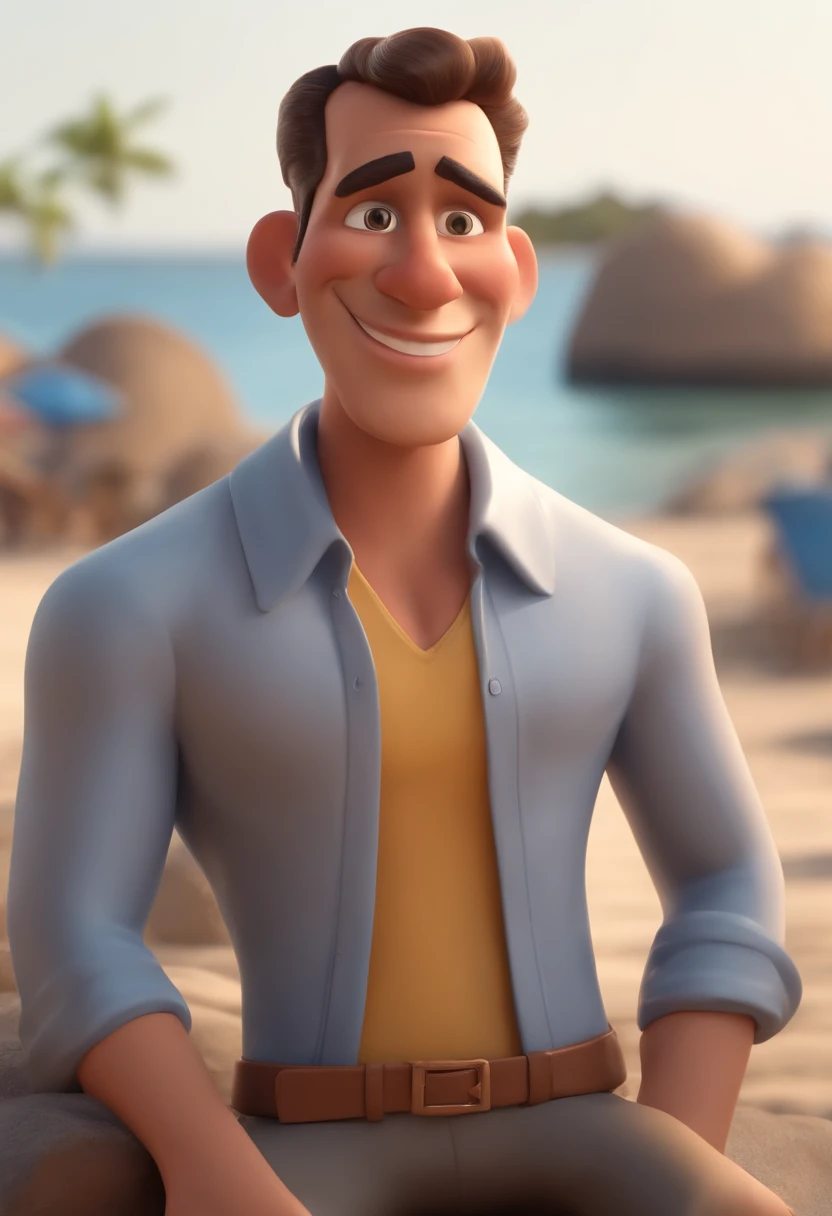 Cartoon character of a man with a shaved head, barba por fazer, cabelo castanho, sobrancelhas levantadas, usando uma camisa branca, um personagem animado, in a setting of Rio de Janeiro, Caractere estilizado, animation style rendering, 3D estilizado, Arnold Maya render, 3 d render stylized, toon render keyshot, Personagem 3D, Personagem 3D, 3d rendering stylized, 3 d character render, personagem de desenho animado, Personagem de close up, Pose de personagem, (Estilo Pixar) (master part:1.2) (Bokeh) (best quality) (pele detalhada) (textura detalhada) (8k) (argila) (Cinematic lighting) (foco nítido,Senta e vaza a parte superior do corpo