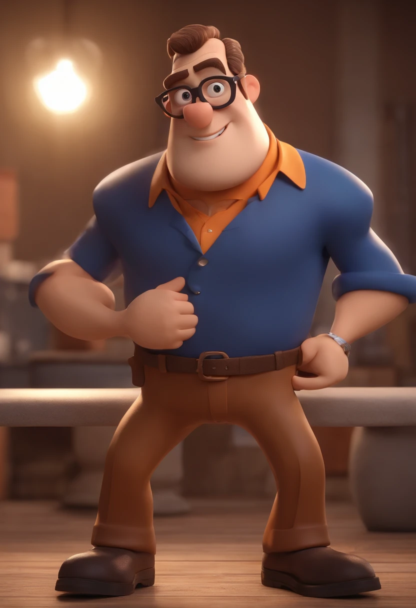 Cartoon character of a man wearing black glasses and a blue shirt, um personagem animado, Caractere estilizado, animation style rendering, 3D estilizado, Arnold Maya render, 3 d render stylized, toon render keyshot, Personagem 3D, Personagem 3D, 3d rendering stylized, 3 d character render, personagem de desenho animado, Personagem de close up, Pose de personagem, (Estilo Pixar) (master part:1.2) (Bokeh) (best quality) (pele detalhada) (textura detalhada) (8k) (argila) (Cinematic lighting) (foco nítido,Senta e vaza a parte superior do corpo